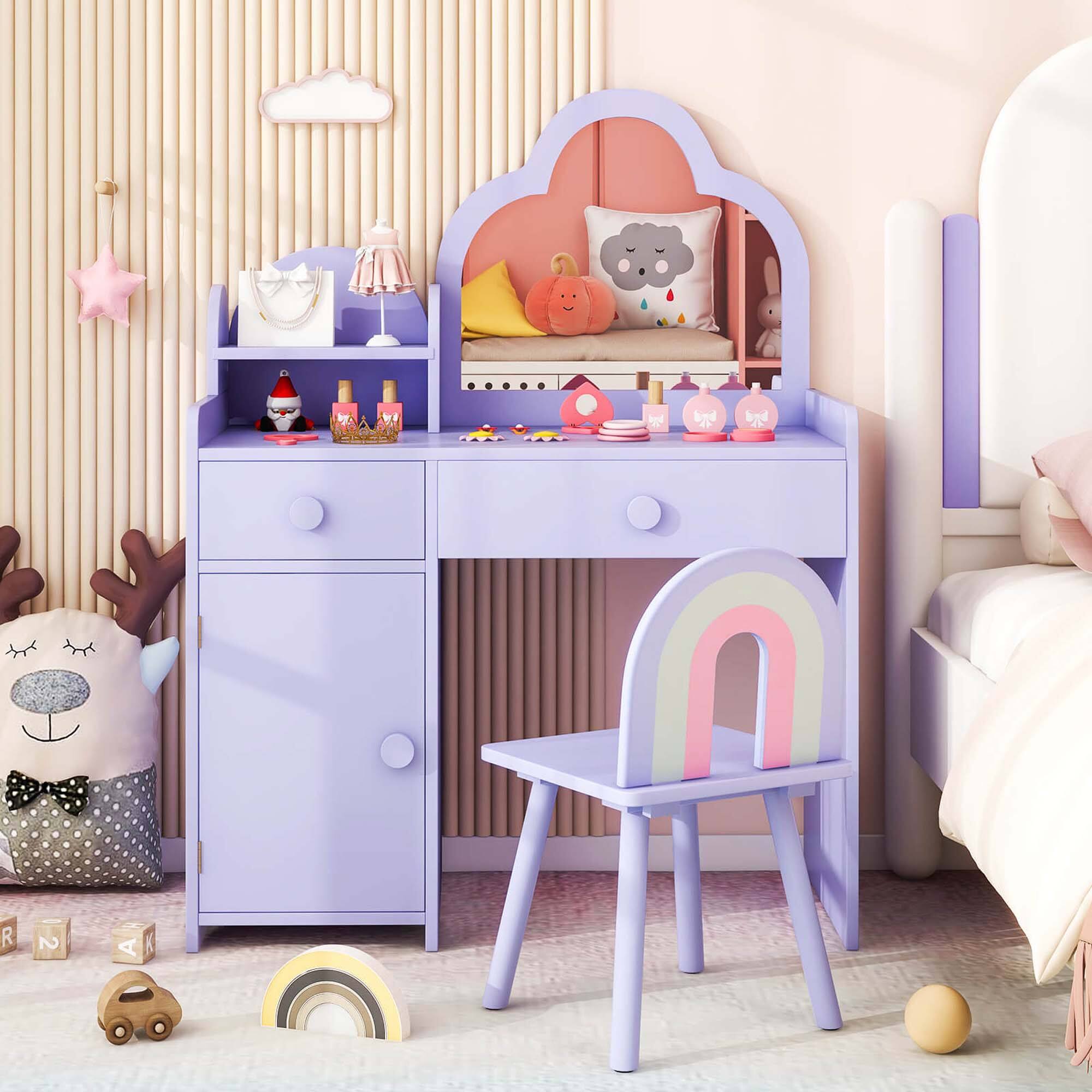 Alt View 3. Costway - Costway Kids Vanity Table and Chair Set with Cloud-shaped Mirror Open Shelf Storage Drawers - Purple.