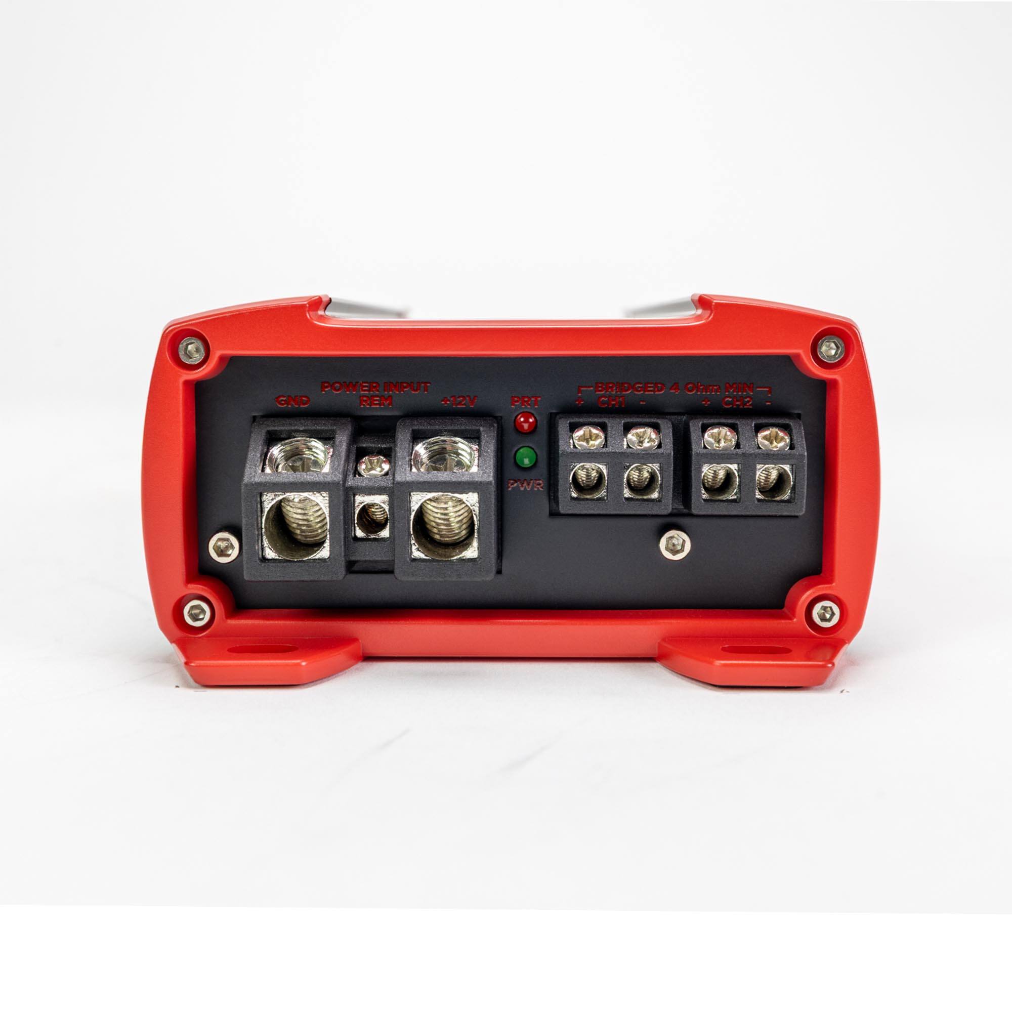 POWER INPUT  
GND REM +12V  
PWR  
F-BRIDGED 4 Ohm MIN  
PRT  
CH1 + CH2 -  
CH1 - CH2 +