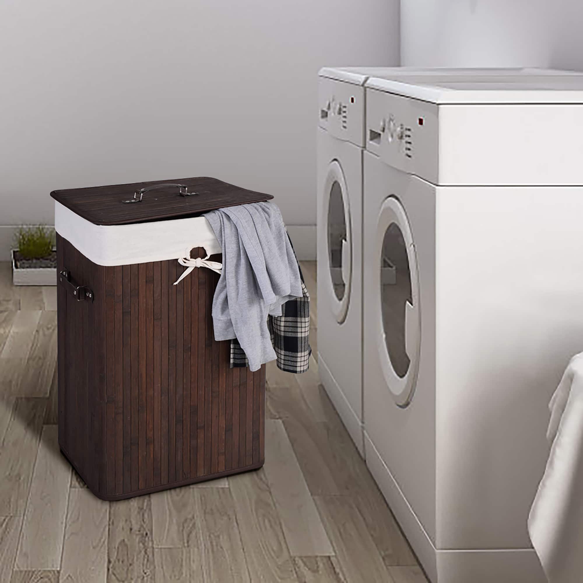 Alt View 12. Costway - Rectangle Bamboo Hamper Laundry Basket Washing Cloth Bin Lid Brown - Deep Brown/White.