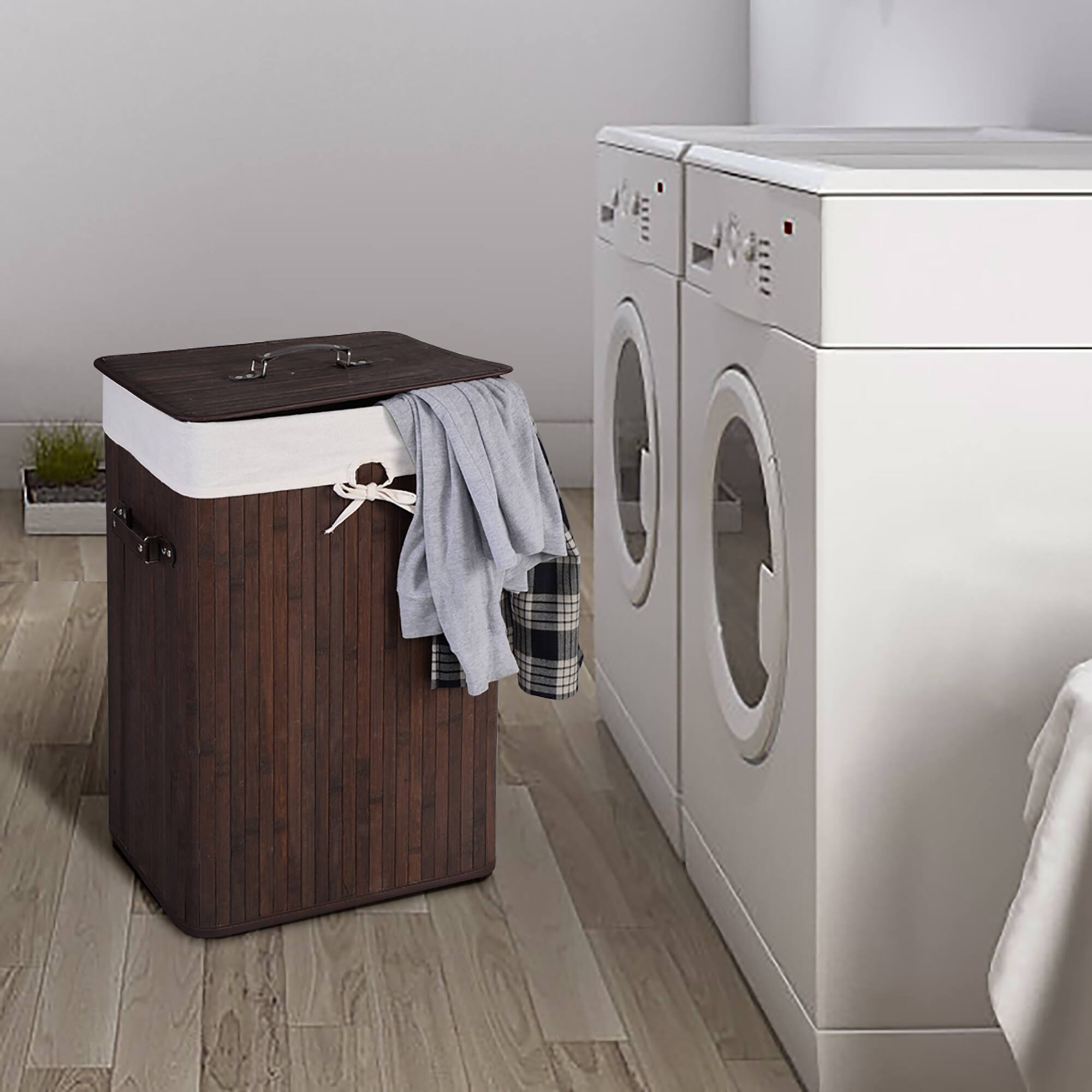 Alt View 12. Costway - Rectangle Bamboo Hamper Laundry Basket Washing Cloth Bin Lid Brown - Deep Brown/White.