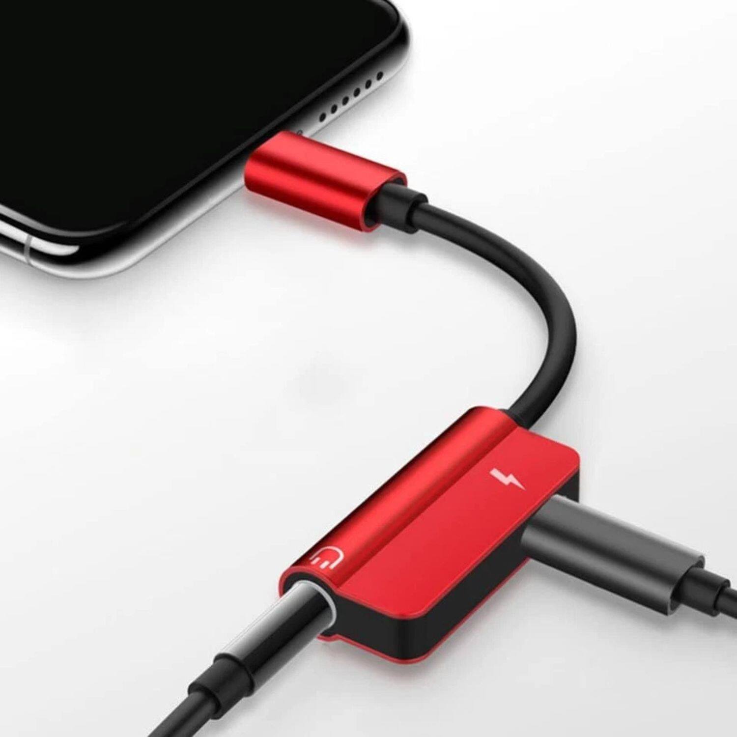 Angle. Home Collection - 2-in-1 3.5mm AUX Audio + Charger Adapter Cable for iPhone 14/13/12/11/X – Hi-Fi Sound & Fast Charging - Red.