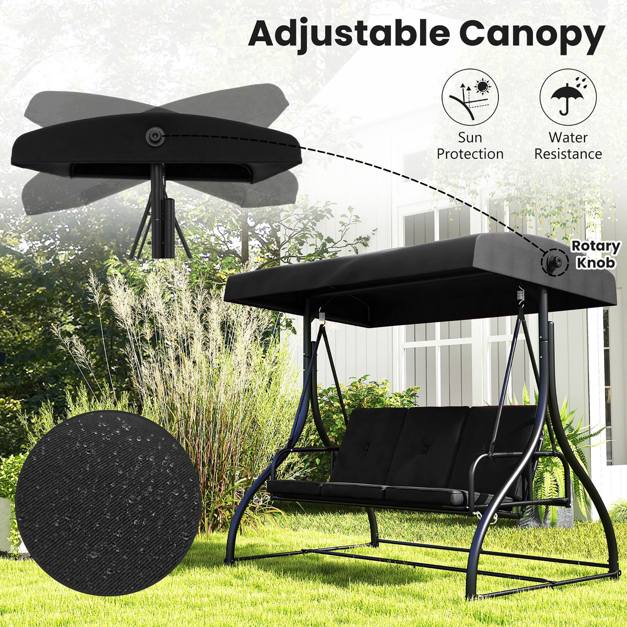 Alt View 4. Gymax - Gymax Converting Patio Swing Chair Porch Swing Bed w/Adjustable Canopy & Thickened Cushion Black - Black.