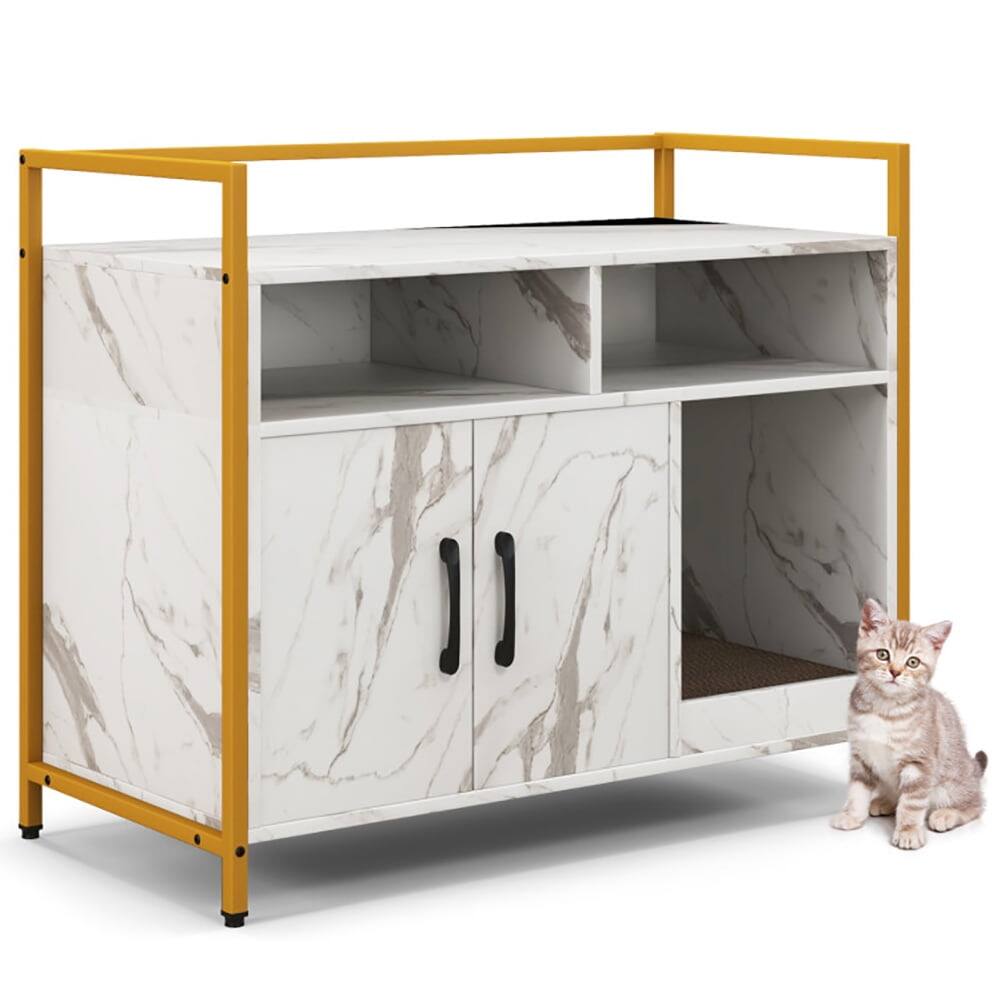 Front. Pefilos - Hidden Cat Washroom with Double Doors and Scratch Cardboard-White, Cat Litter Box Enclosure , Hidden Cat Washroom - White.