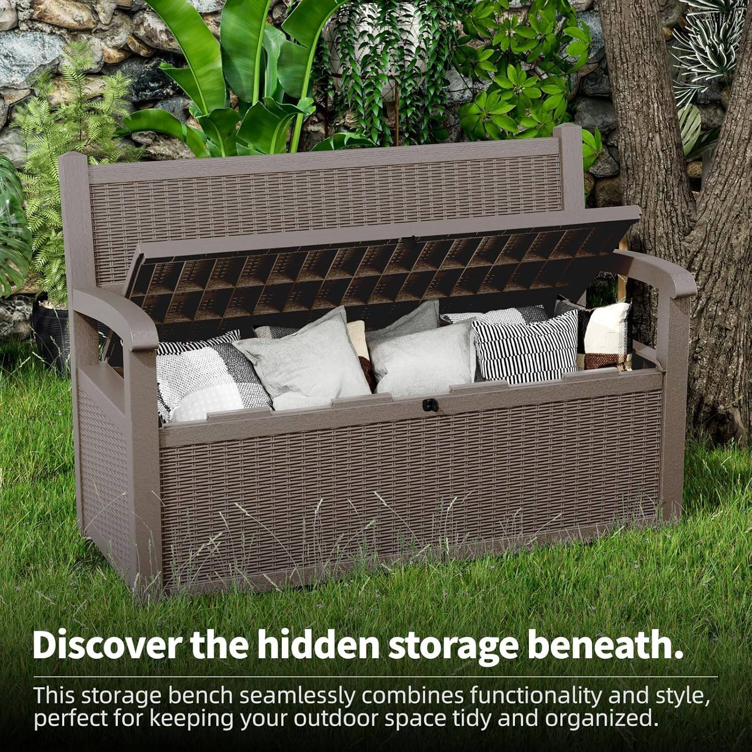 Discover the hidden storage beneath. This storage bench seamlessly combines functionality and style, perfect for keeping your outdoor space tidy and organized.