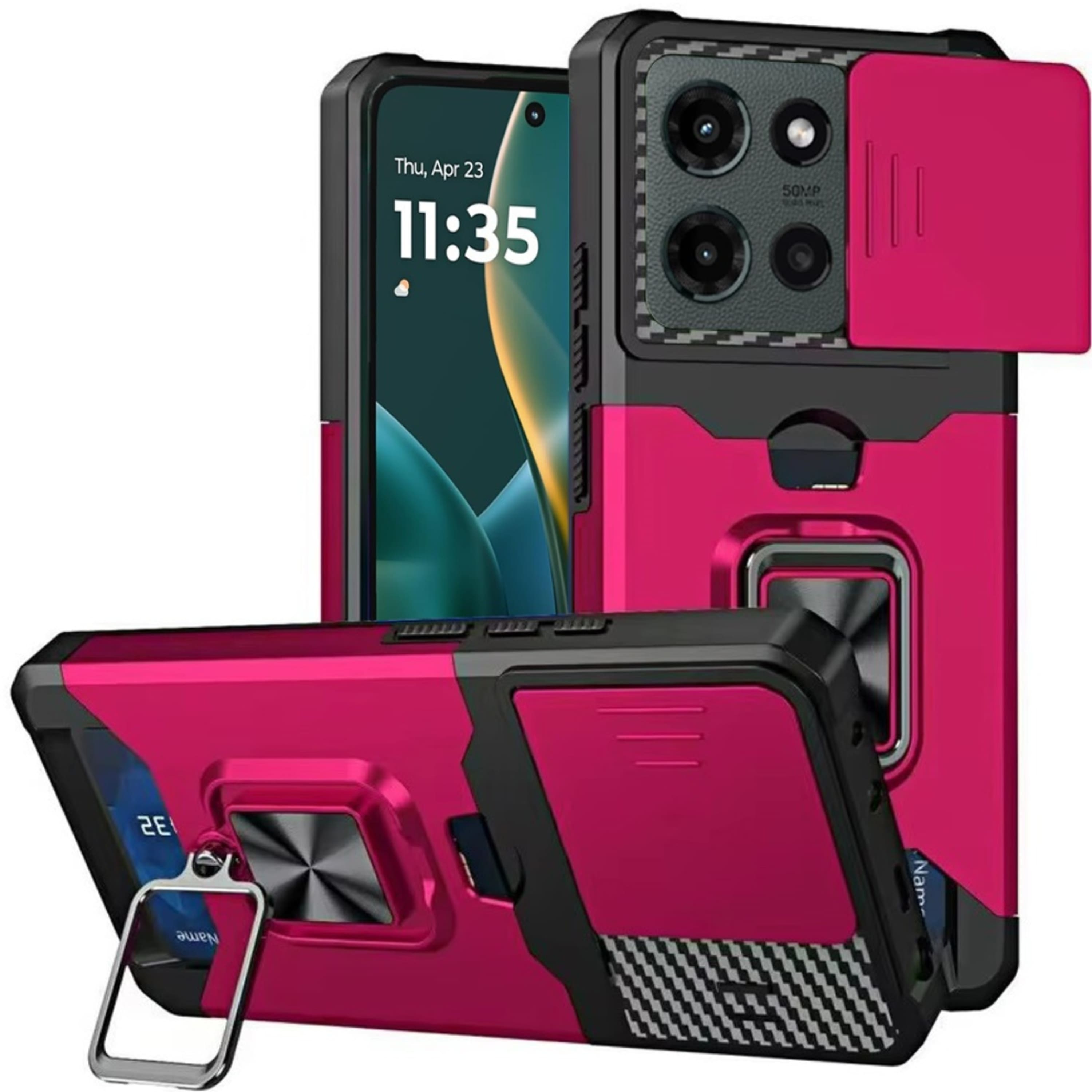 Kitcheniva - Magnetic Ring Stand Case For Moto G Stylus 2025 2026 With Card Holder And Camera Lens Cover Pink - Hot Pink