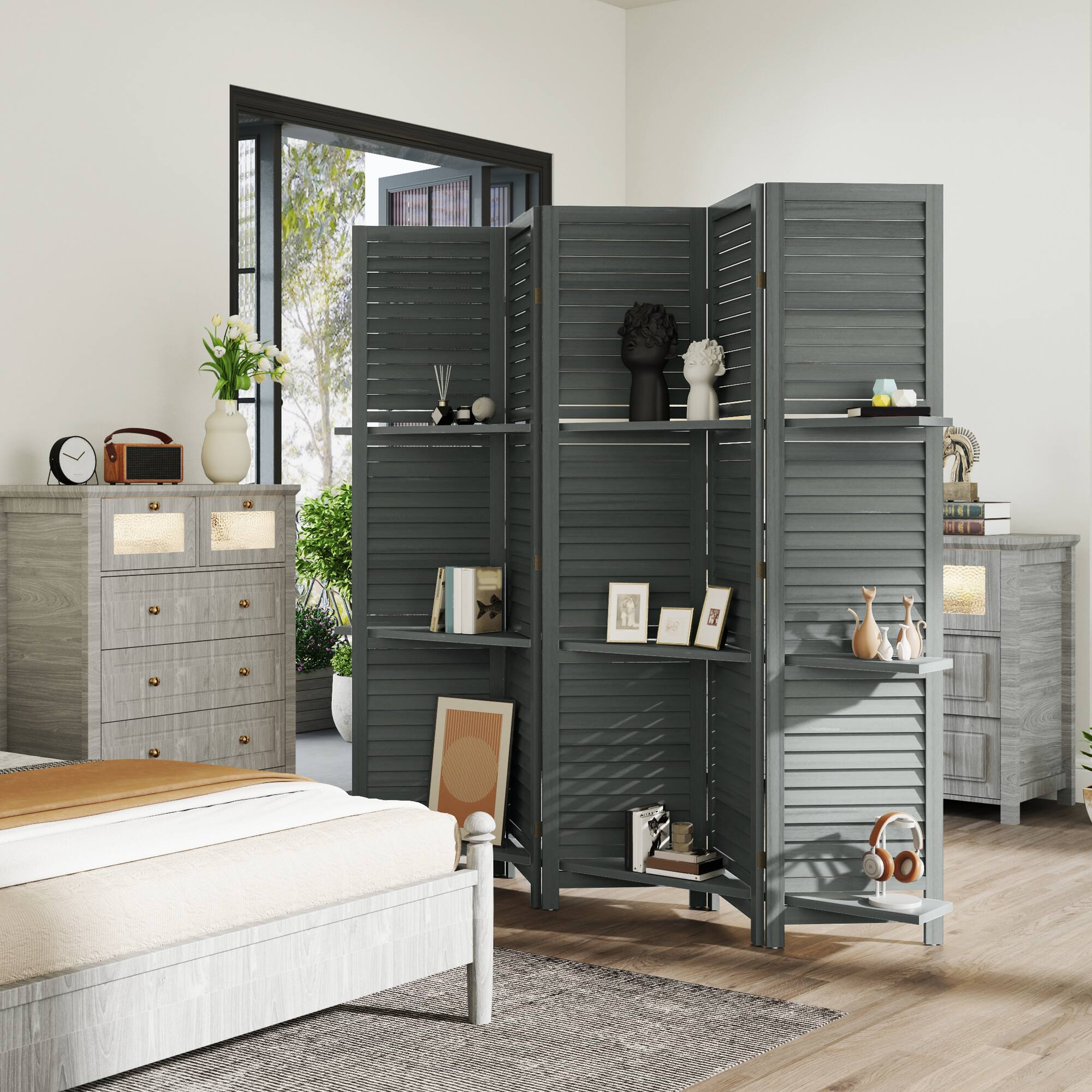 Alt View 1. Homcom - Panel 67" Tall Wood Privacy Screen Room Divider with 3 Shelves and Folding Storage for Bedroom - Gray.