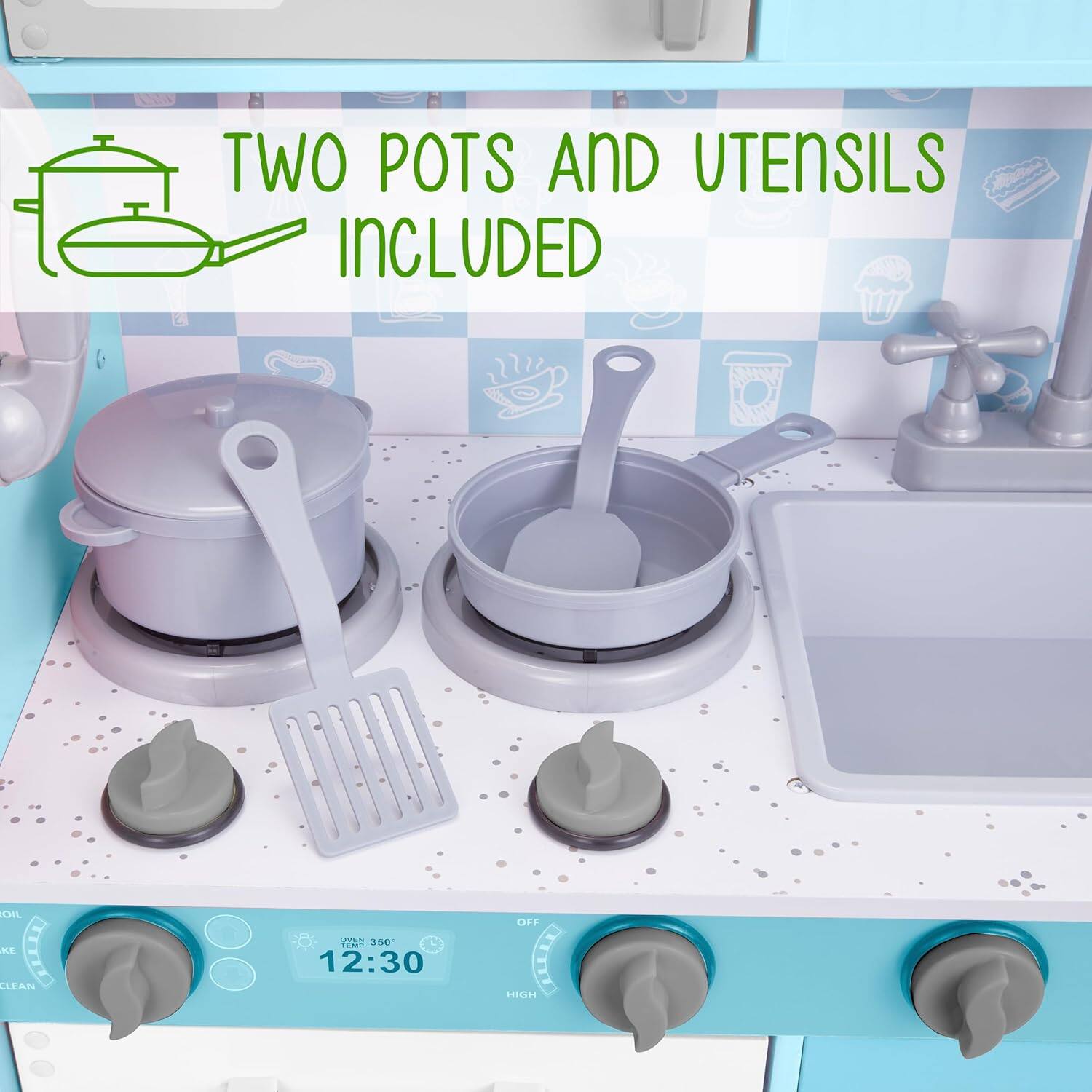 TWO POTS AND UTENSILS INCLUDED, OIL, CLEAN, 350, 12:30, OFF, HIGH