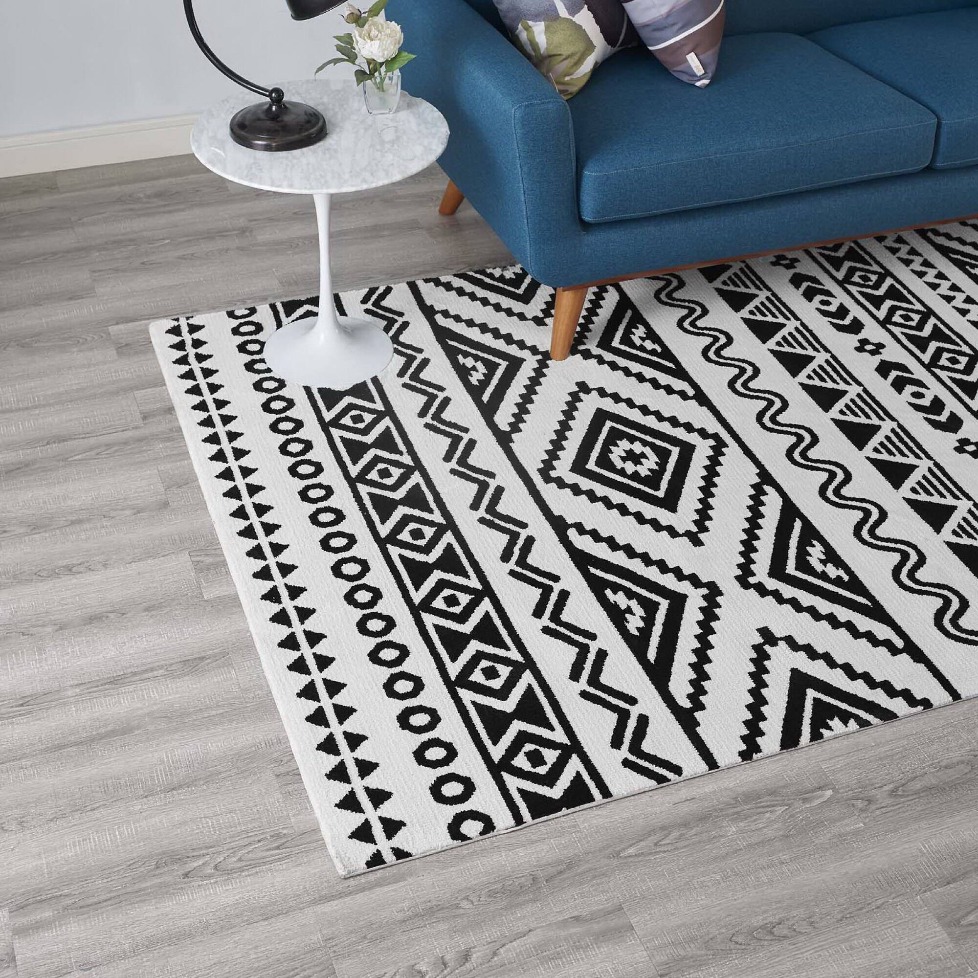 Left. Modway - Haku Geometric Moroccan Tribal Area Rug - Black and White.