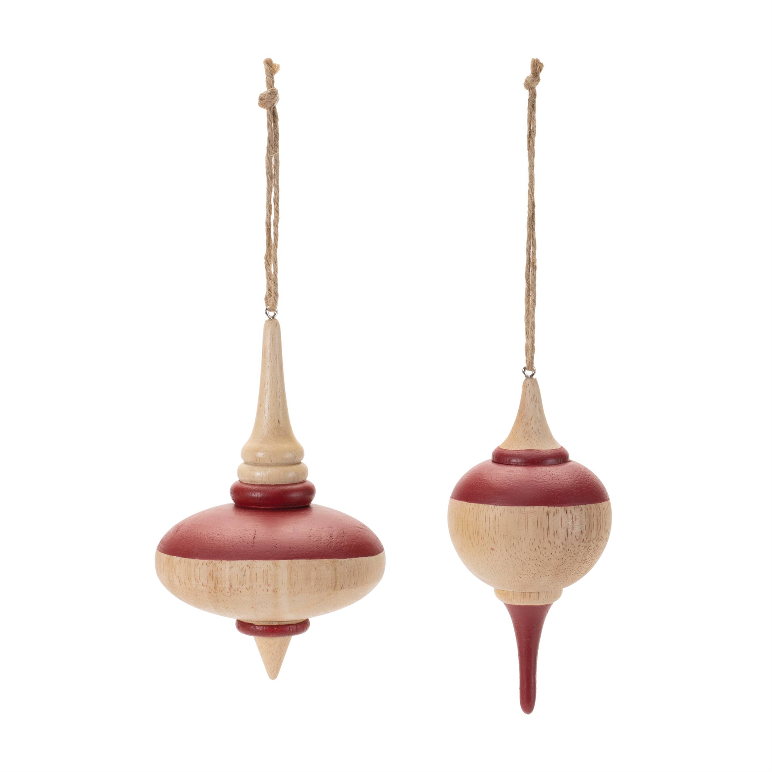 Angle. BreeBe - Oak Wood Top Ornament (Set of 12) - Red, Beige.