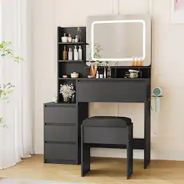 GARVEE - Vanity Desk with Mirror & 3-Color LED Lights, Power Outlet, USB Charging, 4 Drawers, Shelves, Stool, 36" Table - Black