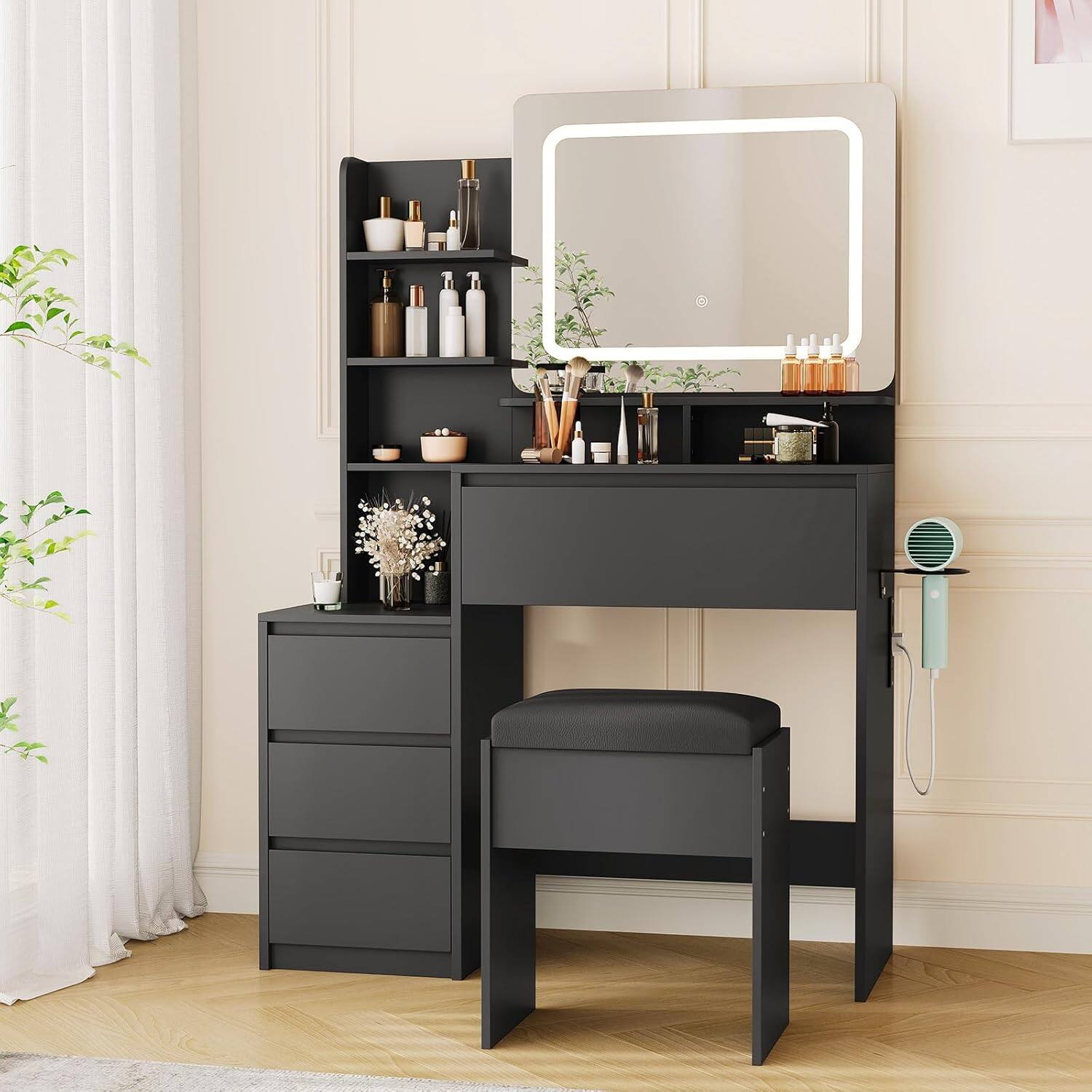 Front. GARVEE - Vanity Desk with Mirror & 3-Color LED Lights, Power Outlet, USB Charging, 4 Drawers, Shelves, Stool, 36" Table, Black - Black.