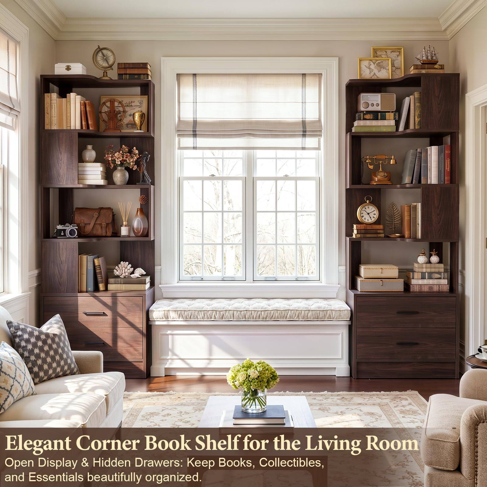 Elegant Corner Book Shelf for the Living Room Open Display & Hidden Drawers: Keep Books, Collectibles, and Essentials beautifully organized.