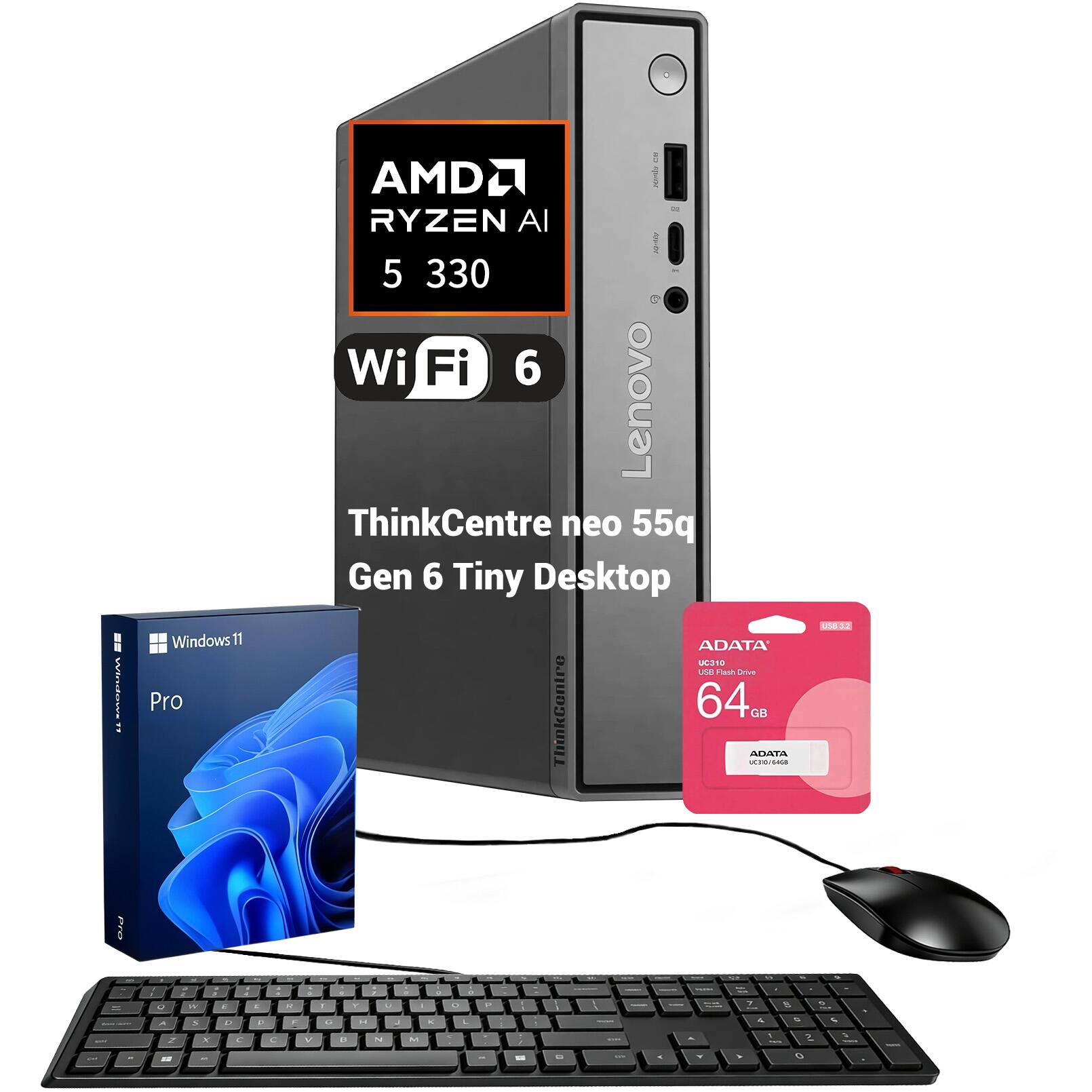 Windows 11 Pro  
AMD Ryzen AI 5 330  
Wi-Fi 6  
Lenovo ThinkCentre neo 55q Gen 6 Tiny Desktop  
ADATA MES10 64GB