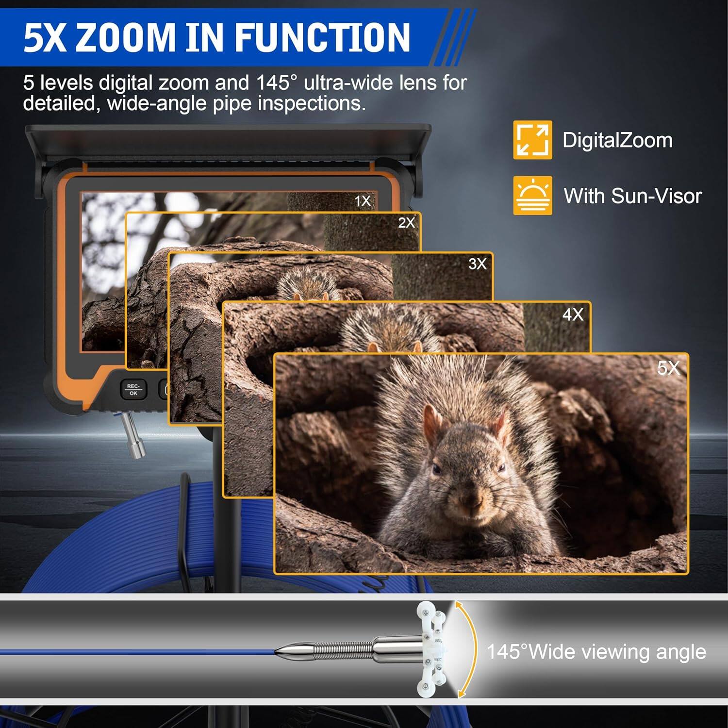 Alt View 4. Aukfa - Sewer Camera with Locator - 7" HD Borescope, Self-Leveling, IP68, 100Ft 5MM Cable, 5X Zoom, DVR.