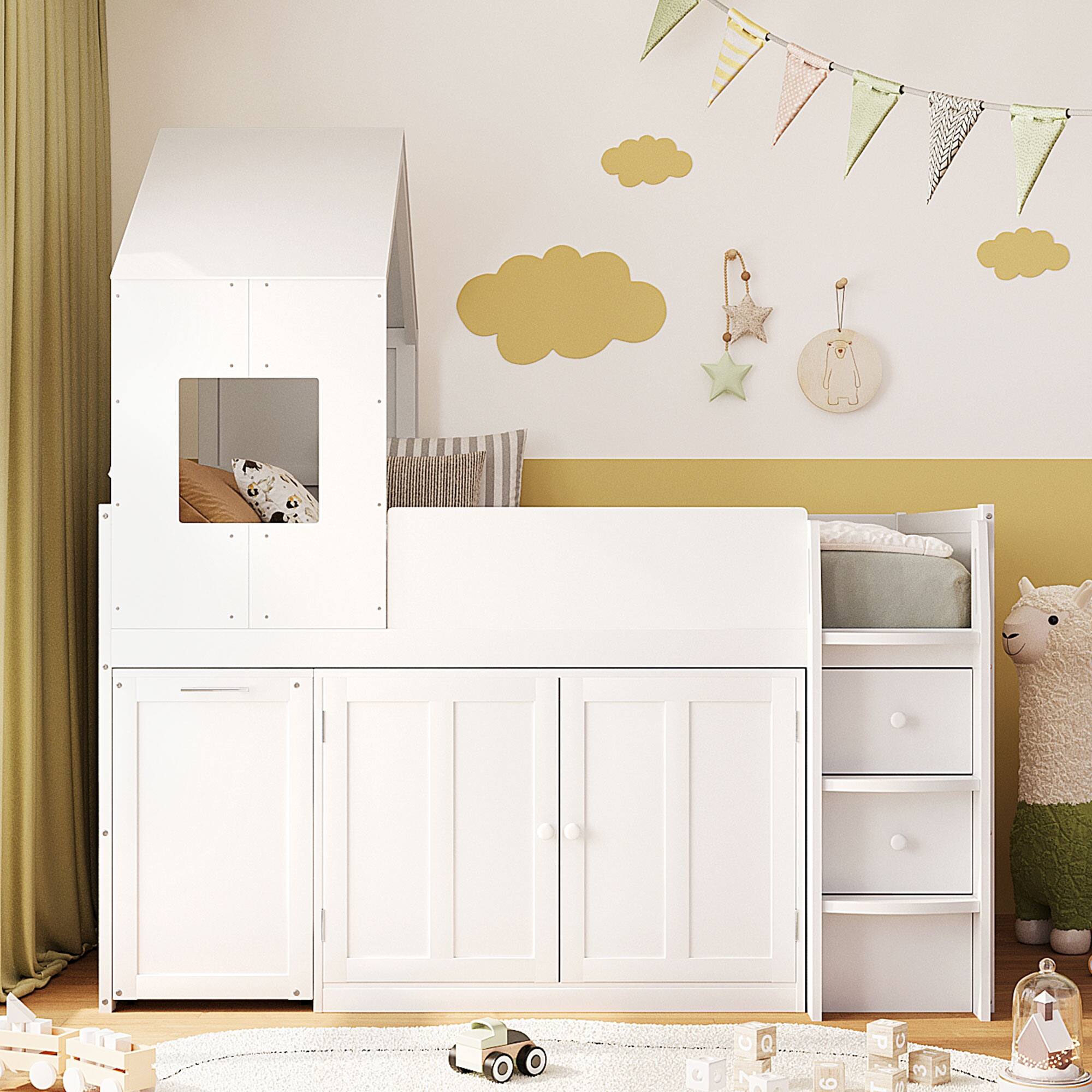 Angle. Whisen - Twin Size Wooden Loft Bed with Pull-Out Desk and Cabinets for Kids Bedroom and Study - White.
