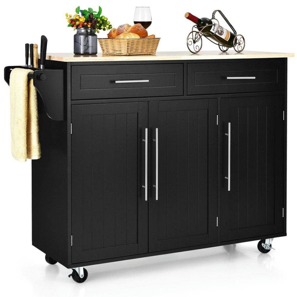Angle. Kadyn - Kitchen Island Trolley Wood Top Rolling Storage Cabinet Cart with Knife Block-Black, Kitchen Island, Island Table - Black.