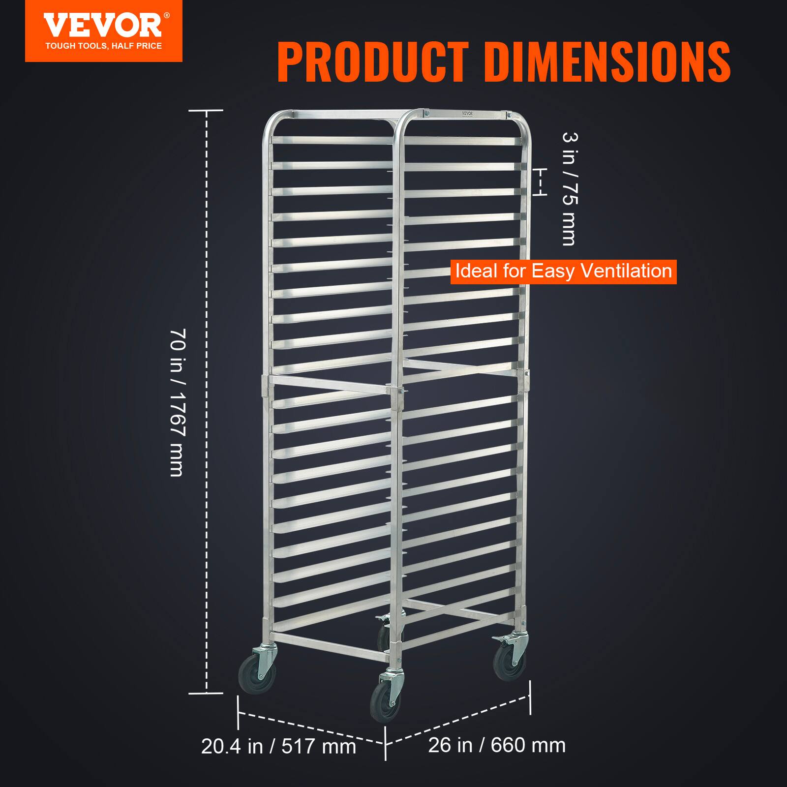 VEVOR  
TOUGH TOOLS, HALF PRICE  

PRODUCT DIMENSIONS  

3 in / 75 mm  
70 in / 1767 mm  
20.4 in / 517 mm  
26 in / 660 mm  

Ideal for Easy Ventilation