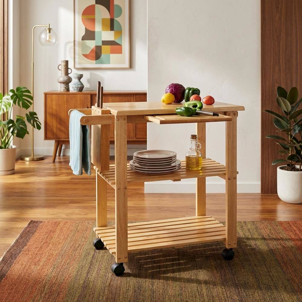 Alt View 4. FurniFact - Solid Wood Kitchen Cart With Storage - Natural.
