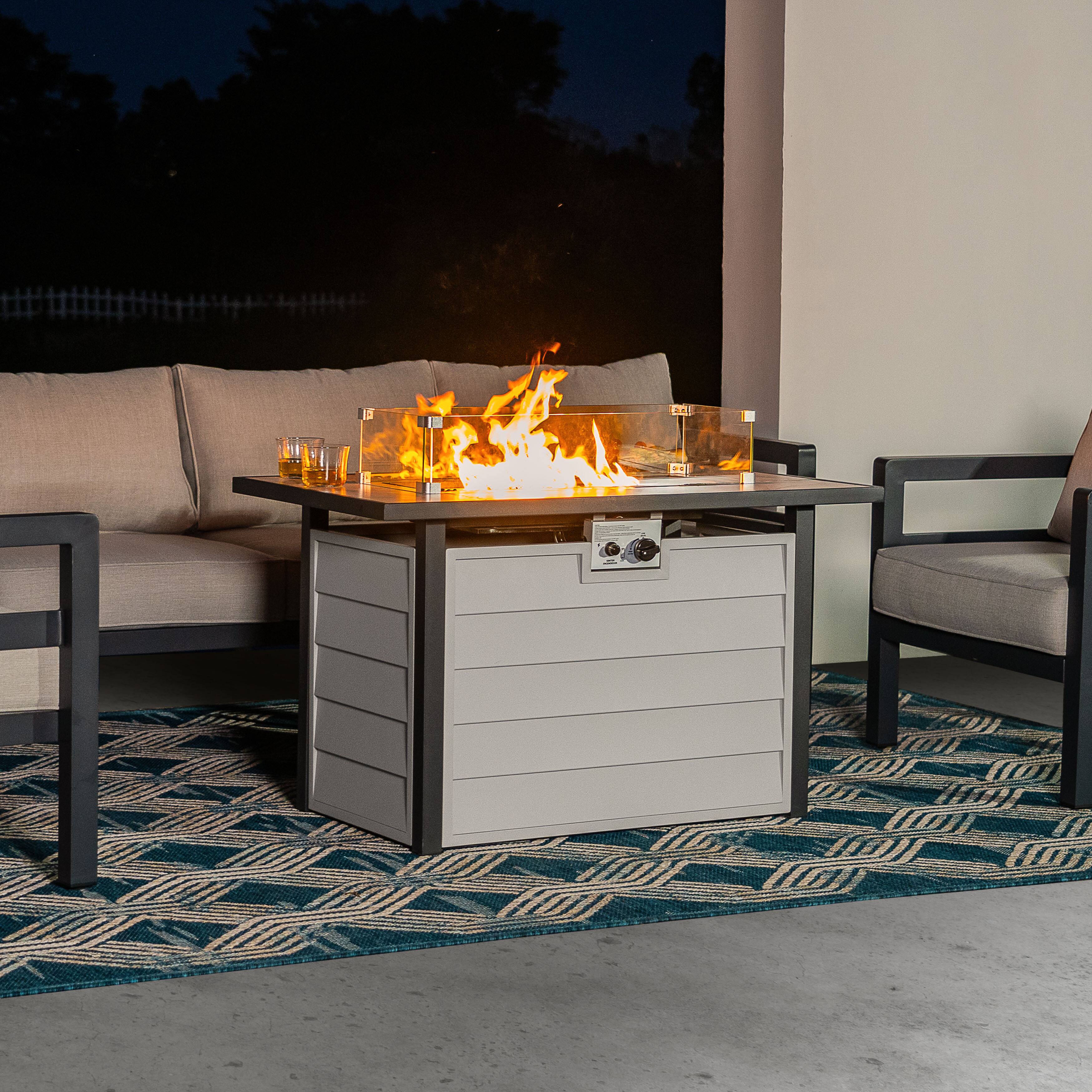 Left. Nuu Garden - 43" Outdoor Propane  Fire Pit Table with Marble Texture Glass Tabletop - Ivory White.