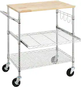 Finnhomy - 3-Tier Rolling Kitchen Cart – 18" D x 30" W Oak Wood Top with Slider Shelf & Wheels - Chrome