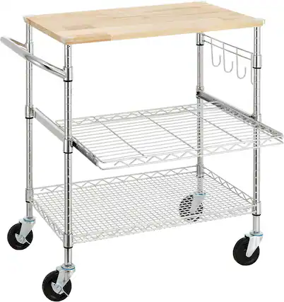 Front. Finnhomy - Finnhomy 3-Tier Rolling Kitchen Cart – 18" D x 30" W Oak Wood Top with Slider Shelf & Wheels, Chrome - Chrome.