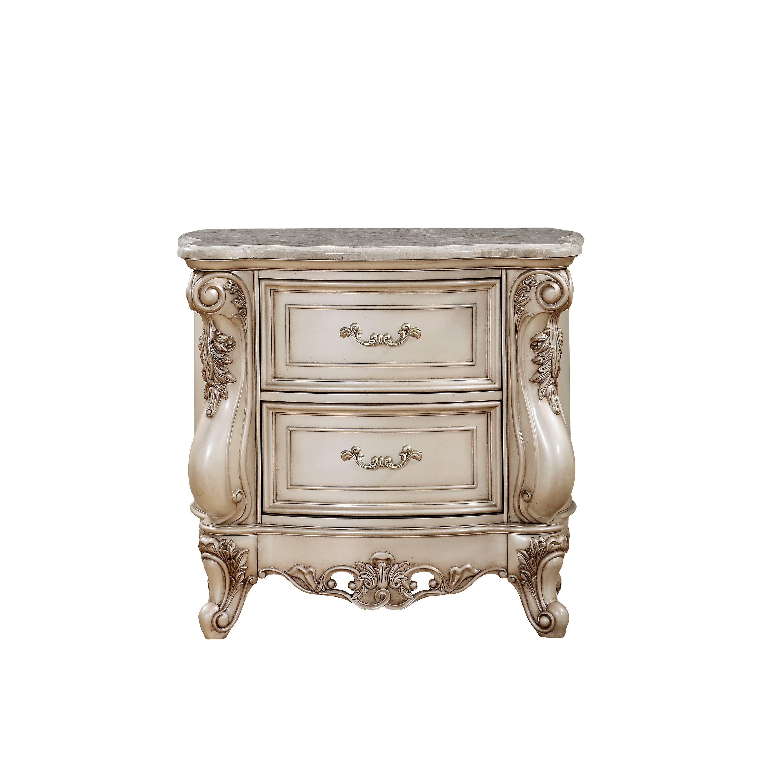Angle. Manhattan Lane - 2 Drawer Nightstand With Raised Scrolled Floral Moulding - White.