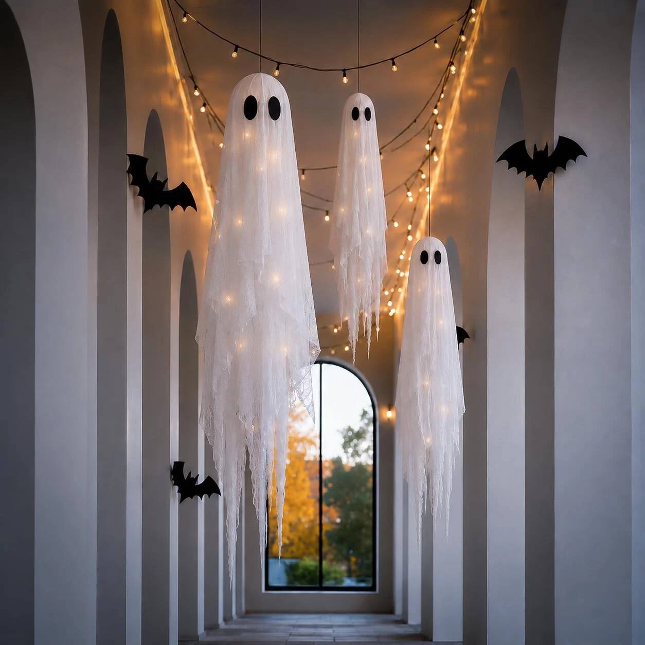 Alt View 4. FASCINATE - 3-Pack 5-ft and 4-ft Lighted Hanging Ghosts with Remote, 8 Lighting Modes and Timer - White.