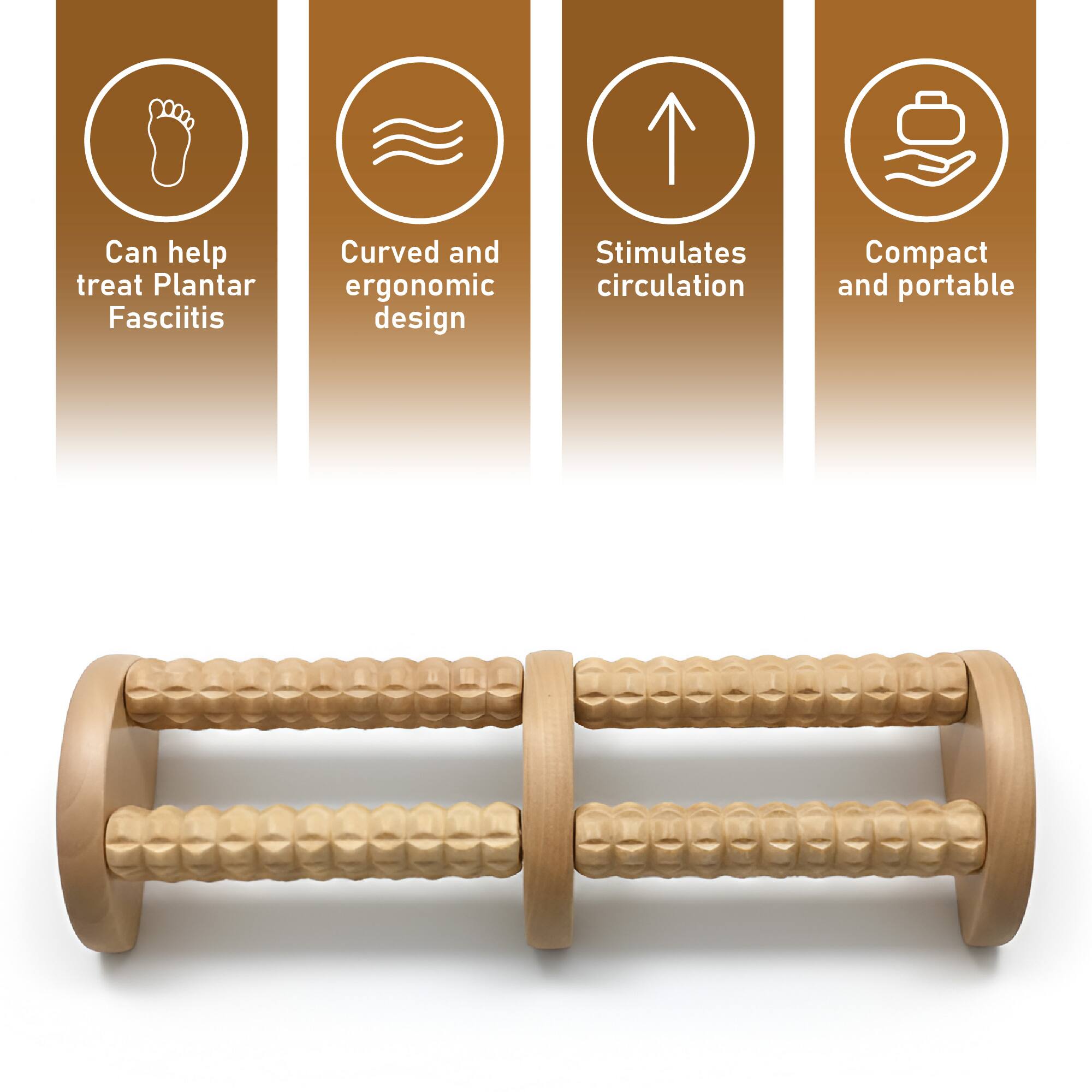 Can help treat Plantar Fasciitis  
Curved and ergonomic design  
Stimulates circulation  
Compact and portable