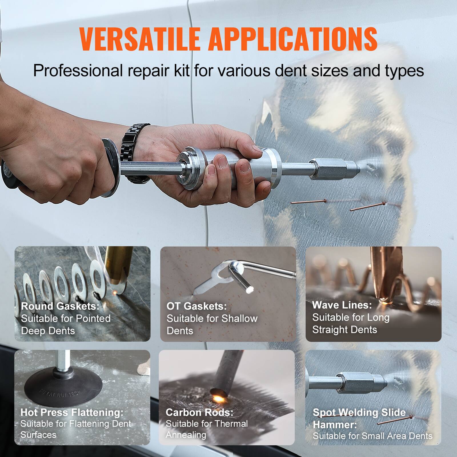VERSATILE APPLICATIONS  
Professional repair kit for various dent sizes and types

- Round Gaskets: Suitable for Pointed Deep Dents
- OT Gaskets: Suitable for Shallow Dents
- Wave Lines: Suitable for Long Straight Dents
- Hot Press Flattening: Suitable for Flattening Dent Surfaces
- Carbon Rods: Suitable for Thermal Annealing
- Spot Welding Slide Hammer: Suitable for Small Area Dents