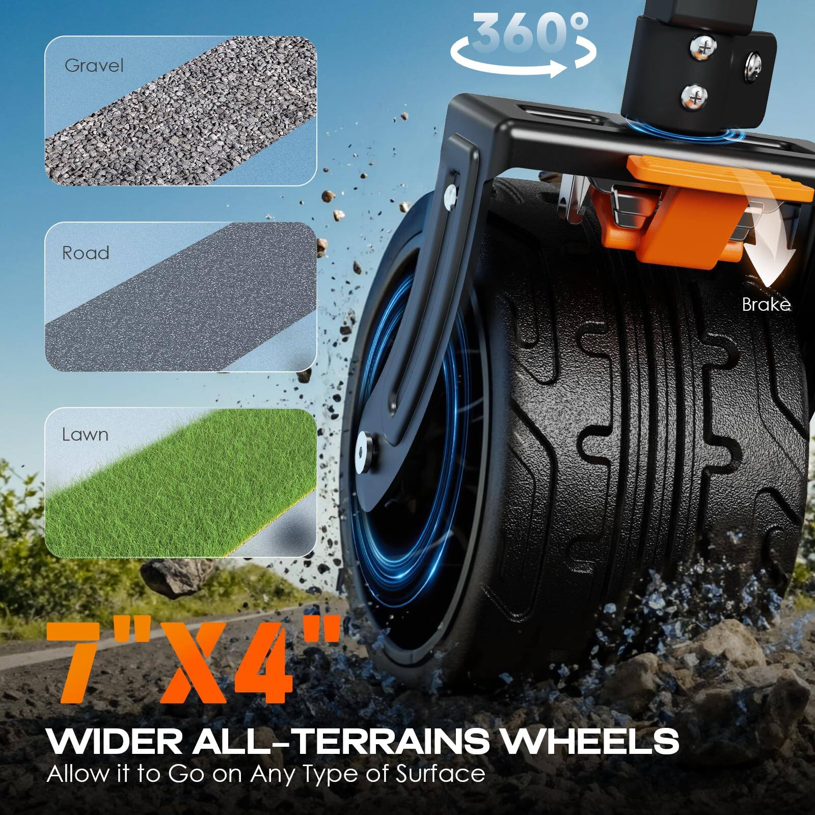 Gravel  
Road  
Lawn  

360°  

Brake  

7"X4"  
WIDER ALL-TERRAINS WHEELS  
Allow it to Go on Any Type of Surface