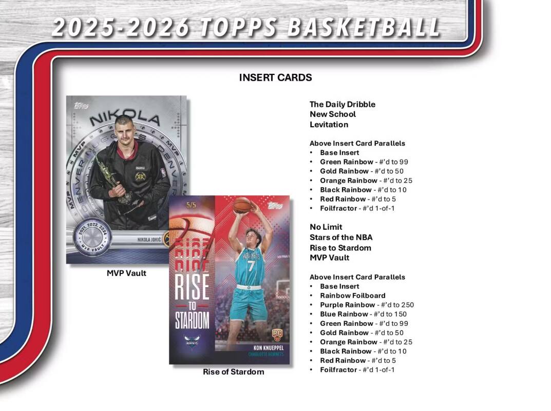 2025-2026 TOPPS BASKETBALL

INSERT CARDS

The Daily Dribble
New School Levitation

Above Insert Card Parallels
- Base Insert
- Green Rainbow - #d to 99
- Gold Rainbow - #d to 50
- Orange Rainbow - #d to 25
- Black Rainbow - #d to 10
- Red Rainbow - #d to 5
- Foilfractor - #d 1-of-1

No Limit
Stars of the NBA
Rise to Stardom
MVP Vault

Above Insert Card Parallels
- Base Insert
- Rainbow Foilboard - #d to 250
- Purple Rainbow - #d to 150
- Blue Rainbow - #d to 99
- Green Rainbow - #d to 50
- Gold Rainbow - #d to 25
- Orange Rainbow - #d to 10
- Black Rainbow - #d to 5
- Red Rainbow - #d to 1
- Foilfractor - #d 1-of-1

MVP Vault
Rise of Stardom
