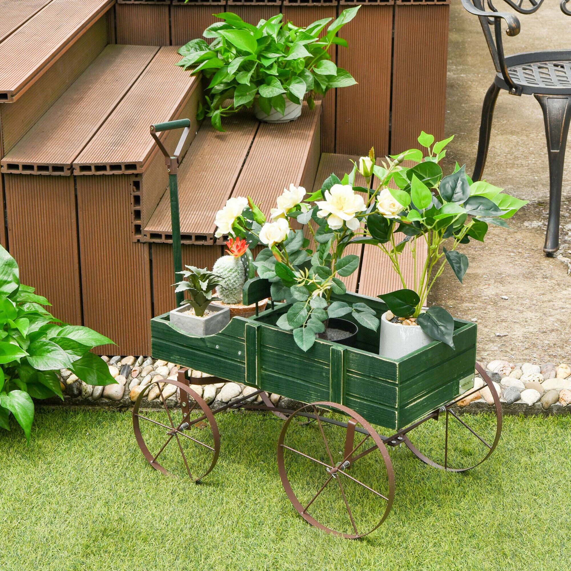 Alt View 1. Gymax - Gymax Garden Plant Planter Wooden Wagon Planter W/ Wheel Garden Yard Green - Green.