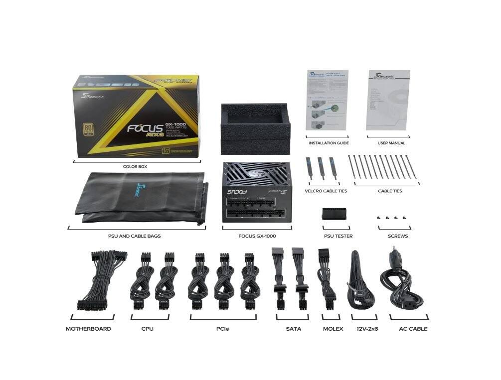 Sure, here is the corrected and grouped text from the image:

---

**Seasonic**

**FOCUS GX-1000**

**80 PLUS GOLD**

**COLOR BOX**

**INSTALLATION GUIDE**

**USER MANUAL**

**VELCRO CABLE TIES**

**CABLE TIES**

**PSU AND CABLE BAGS**

**FOCUS GX-1000 PSU**

**PSU TESTER**

**SCREWS**

**MOTHERBOARD**

**CPU**

**PCIe**

**SATA**

**MOLEX**

**12V-2x6**

**AC CABLE**

---