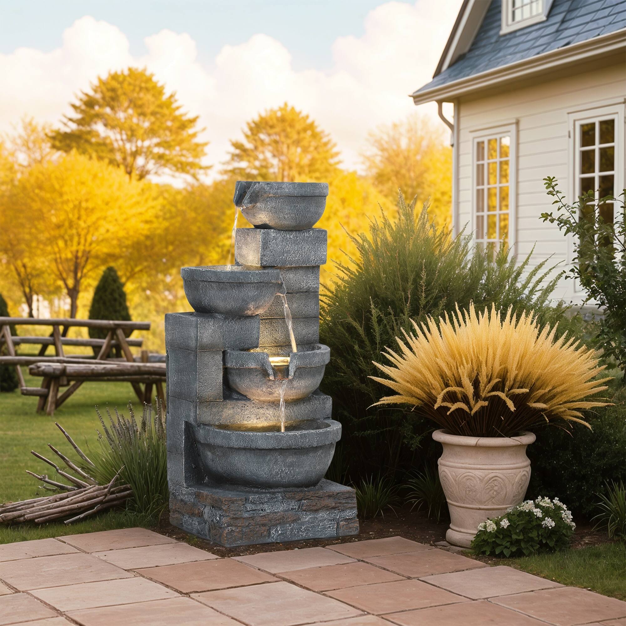 Alt View 8. Outsunny - 30" Tall Outdoor Waterfall Fountain with LED Lights, 4-Tier Resin Cascading Water Bowls with Pump - Gray.