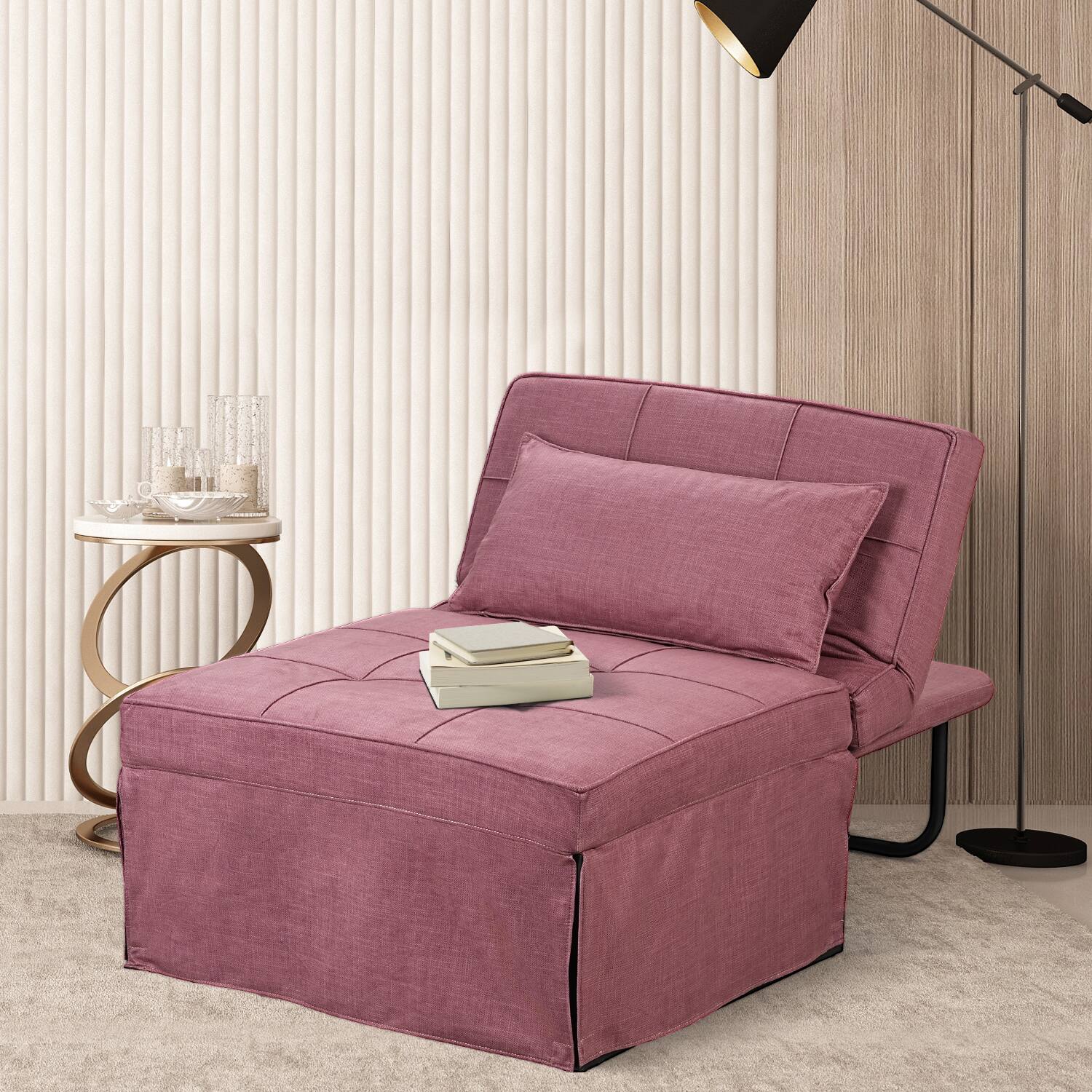 Angle. Ainfox - Ainfox Sofa Bed Breathable Linen Couch Bed with Adjustable Backrest Convertible Chair for Living Room Apartment Office - pink.