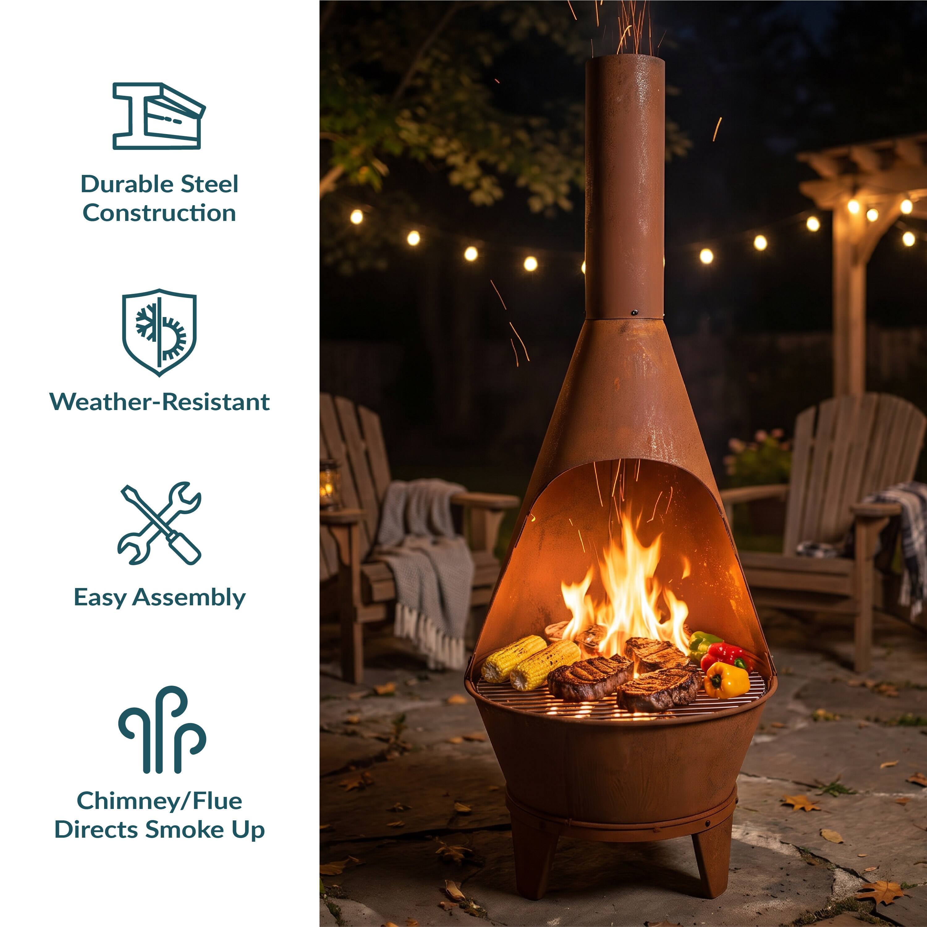 - Durable Steel Construction
- Weather-Resistant
- Easy Assembly
- Chimney/Flue Directs Smoke Up