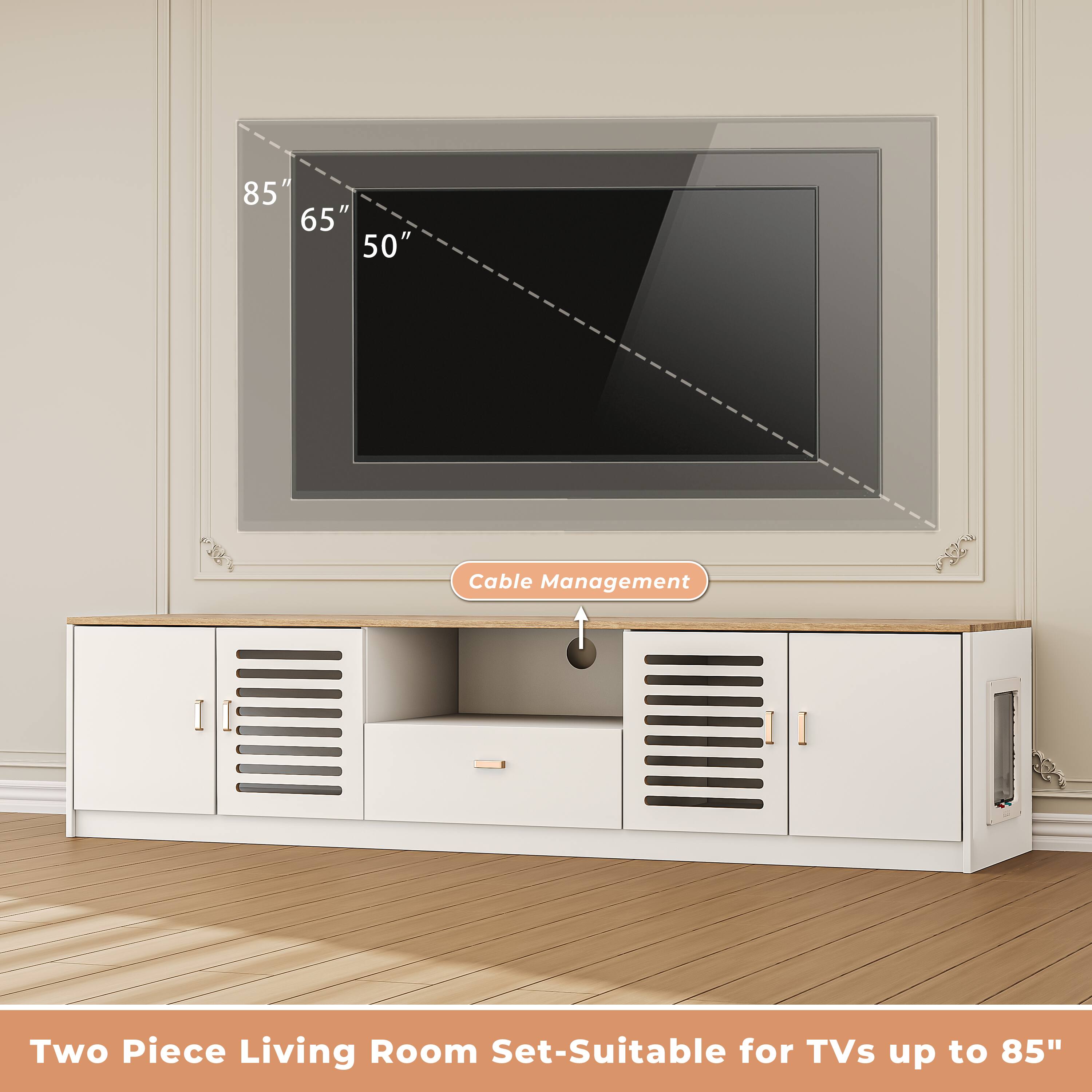 Two Piece Living Room Set - Suitable for TVs up to 85"  
Cable Management