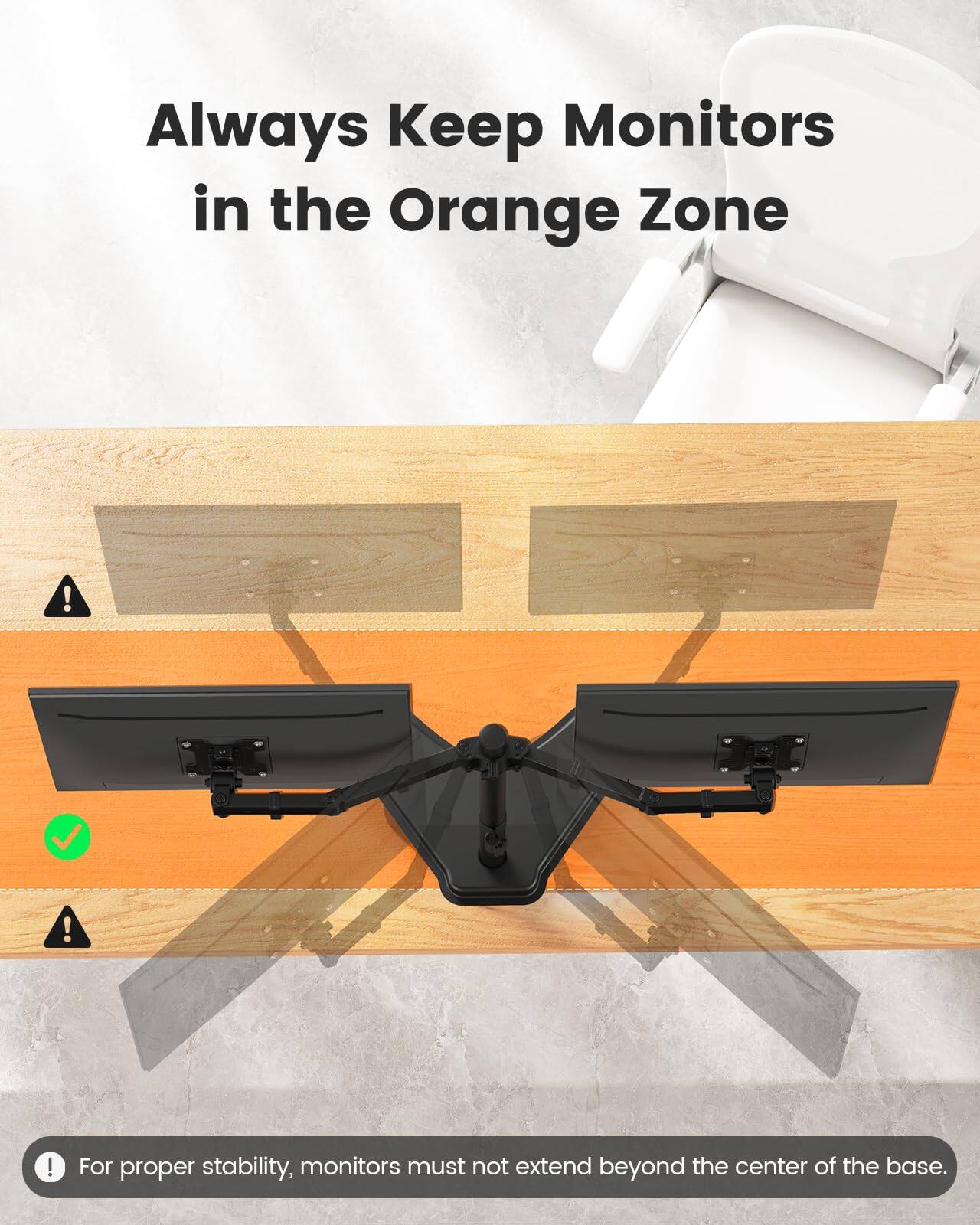 Always Keep Monitors in the Orange Zone

For proper stability, monitors must not extend beyond the center of the base.