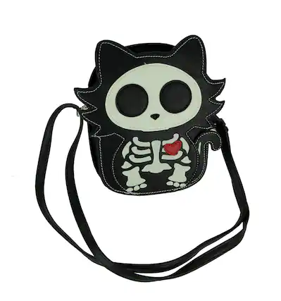 Front. Sleepyville Critters - Black Glow in the Dark Skeleton Cat Crossbody Purse Small - Black.
