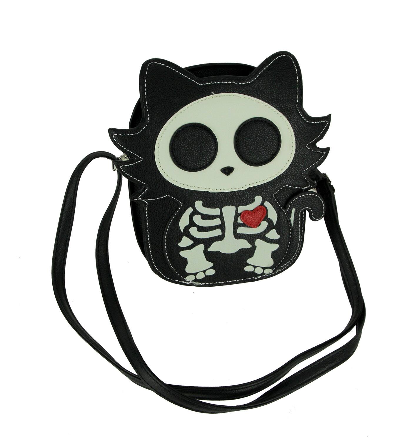 Front. Sleepyville Critters - Black Glow in the Dark Skeleton Cat Crossbody Purse Small - Black.