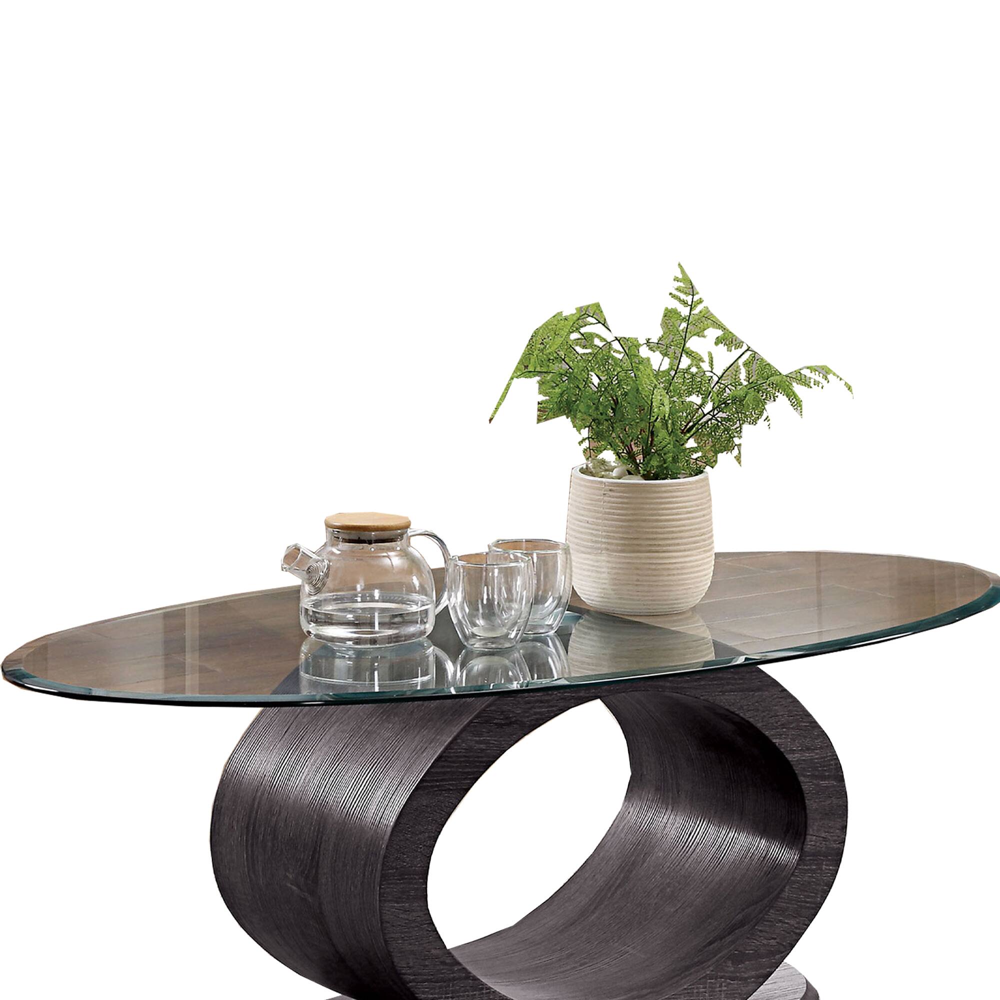 Alt View 2. Manhattan Lane - Tempered Glass Top Coffee Table with O Shape Wooden Shape Base - Gray.