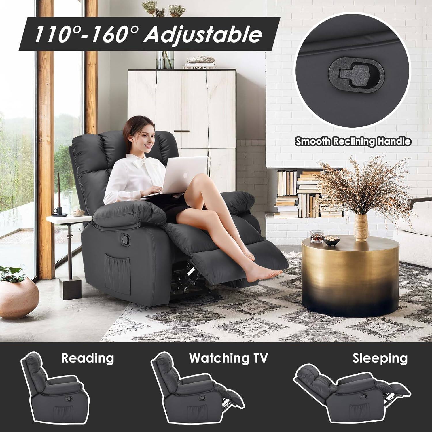 110°-160° Adjustable  
Smooth Reclining Handle  
Reading  
Watching TV  
Sleeping