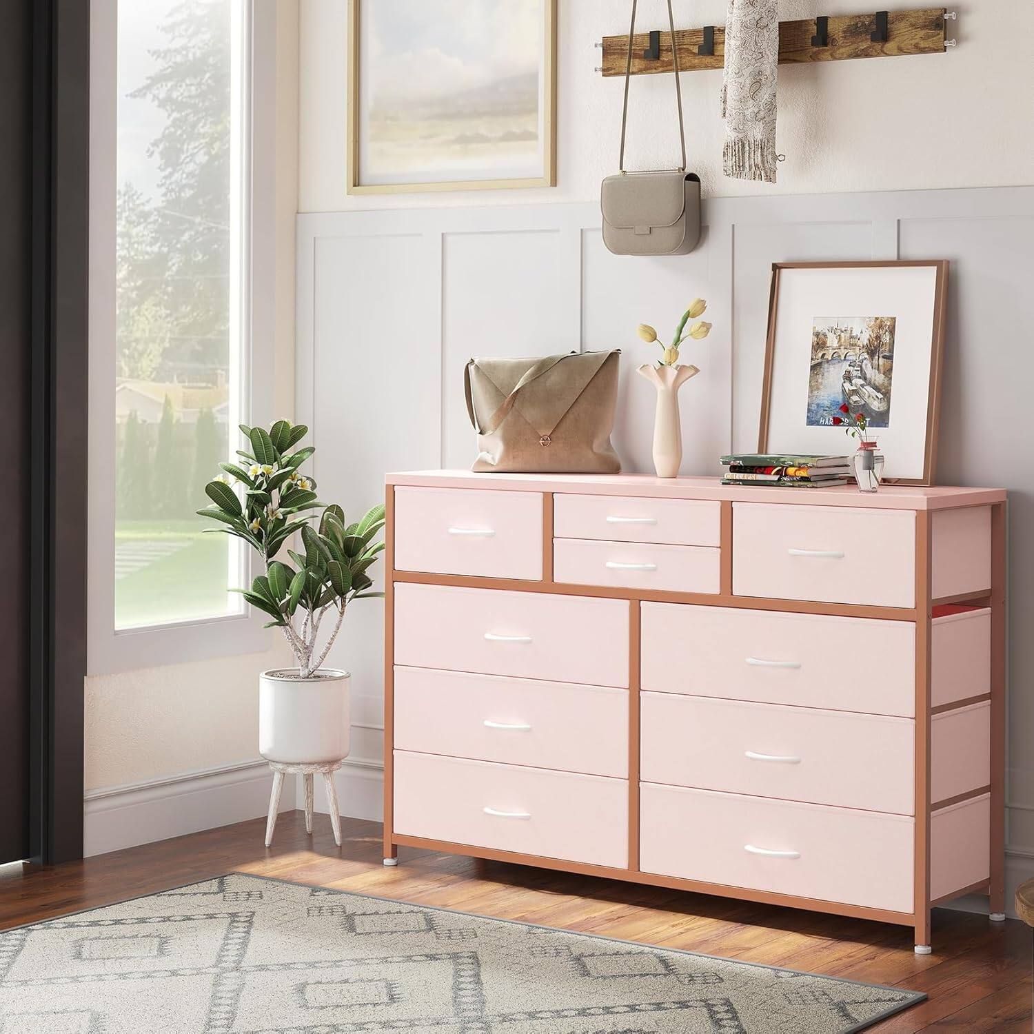 Angle. Homhougo - TV Stand Dresser with 10 Fabric Drawers, Entertainment Center for 50 Inch Television, Media Console Table with Storage, - Pink.