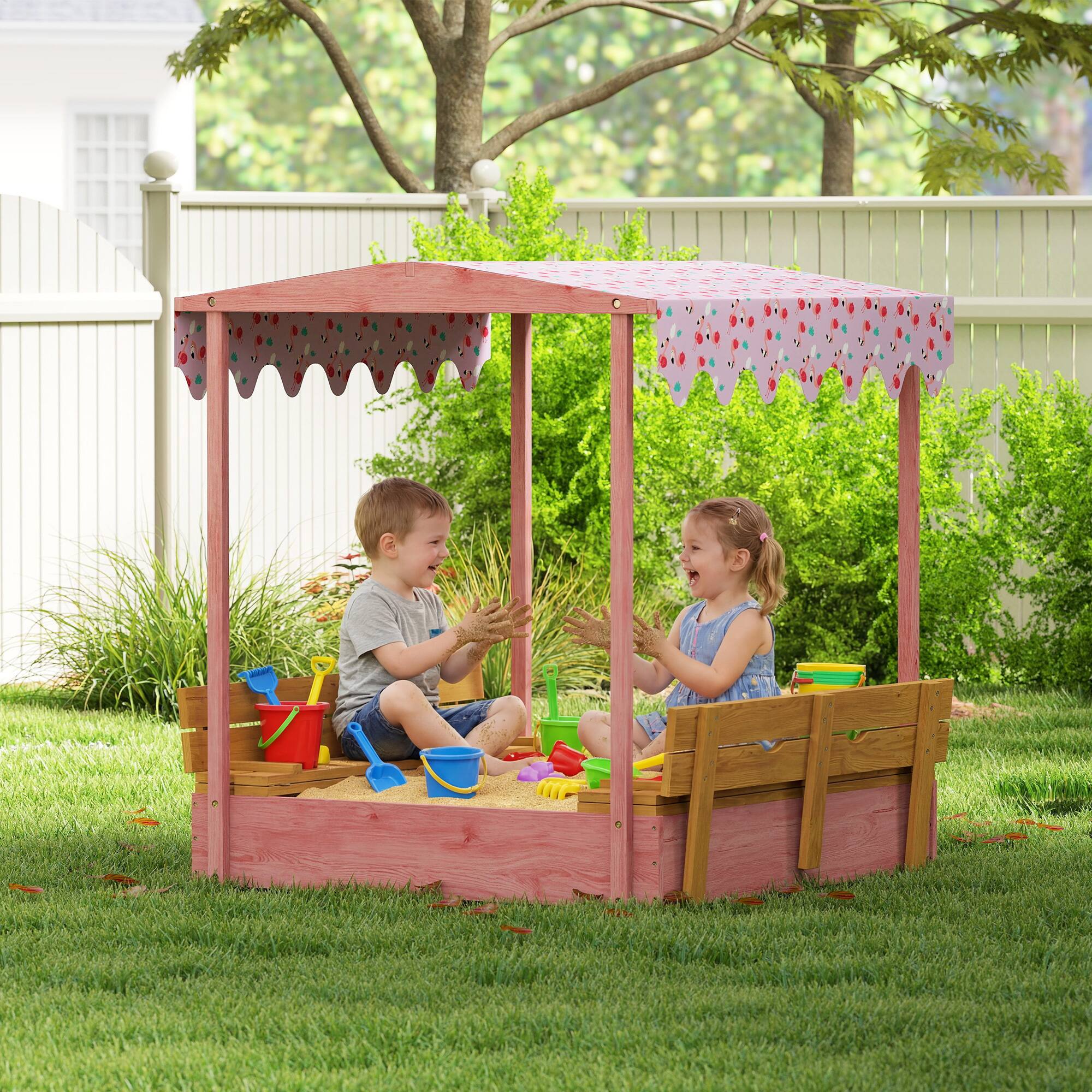 Alt View 1. Qaba - Sandbox with Cover, Kids Sandbox Outdoor with Seat, Bottom Liner, Canopy for Ages 3-6 - Pink.