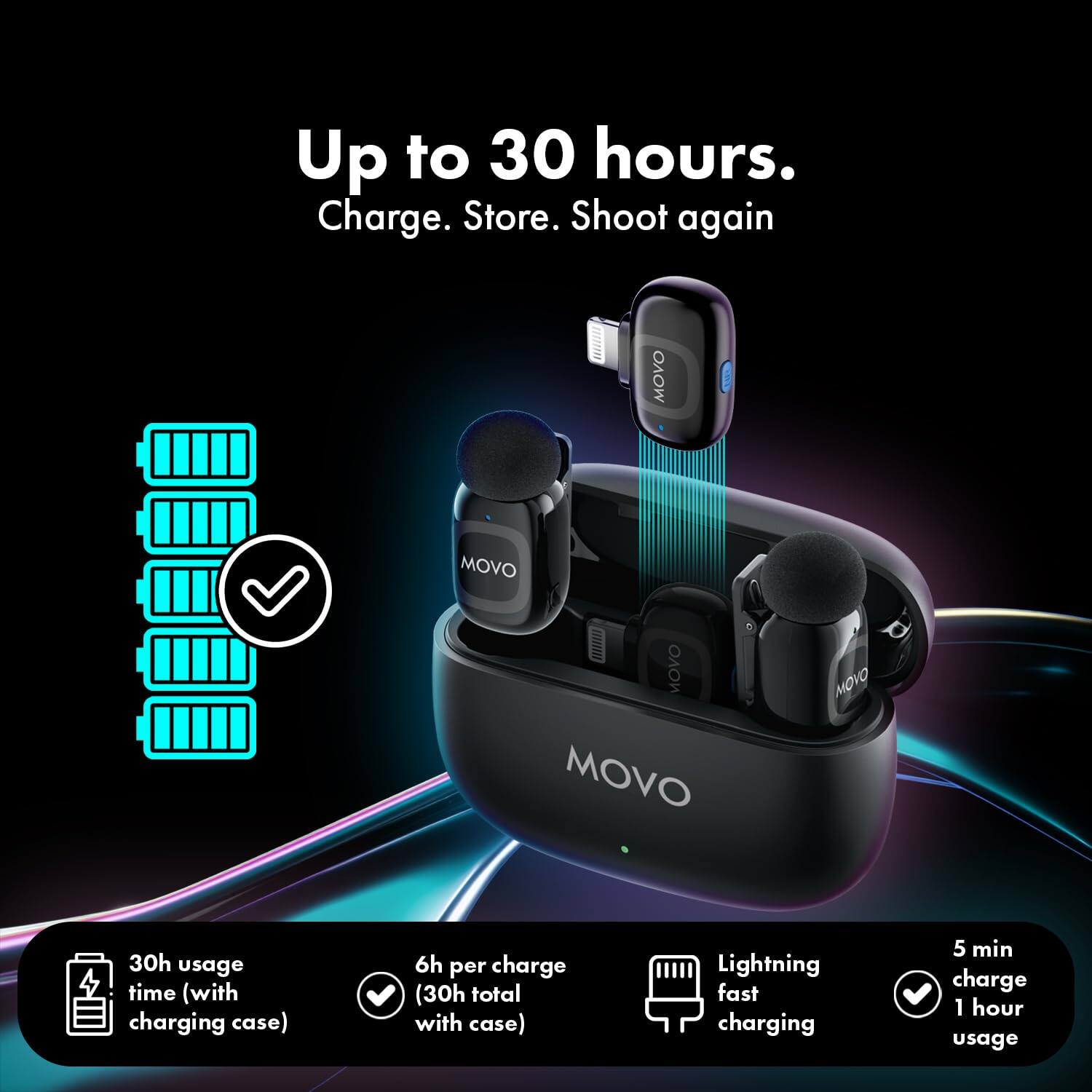 Up to 30 hours.  
Charge. Store. Shoot again

MOVO

30h usage time (with charging case)  
6h per charge (30h total with case)  
Lightning fast charging  
5 min charge 1 hour usage