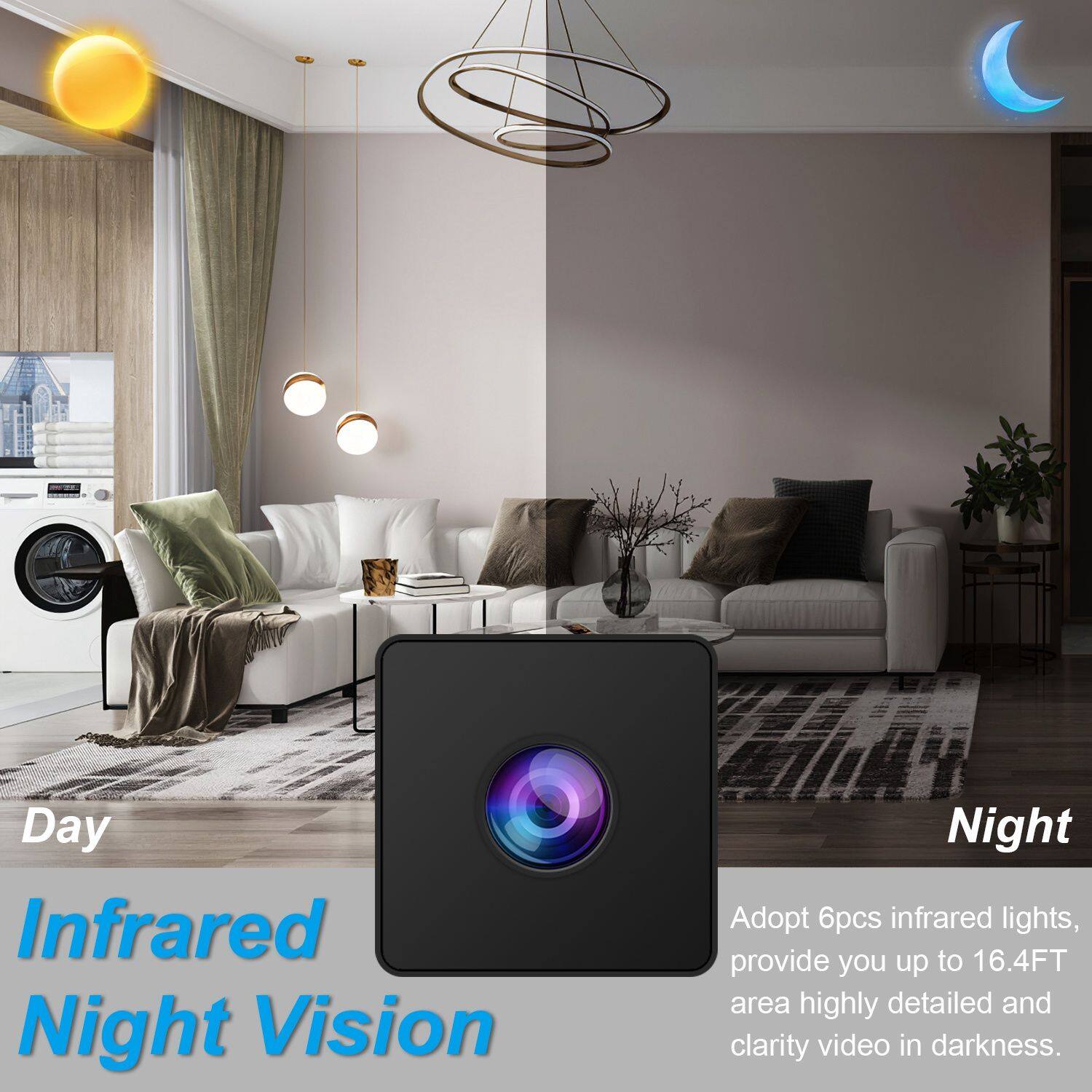Day Infrared Night Vision  
Adopt 6pcs infrared lights, provide you up to 16.4FT area highly detailed and clarity video in darkness.