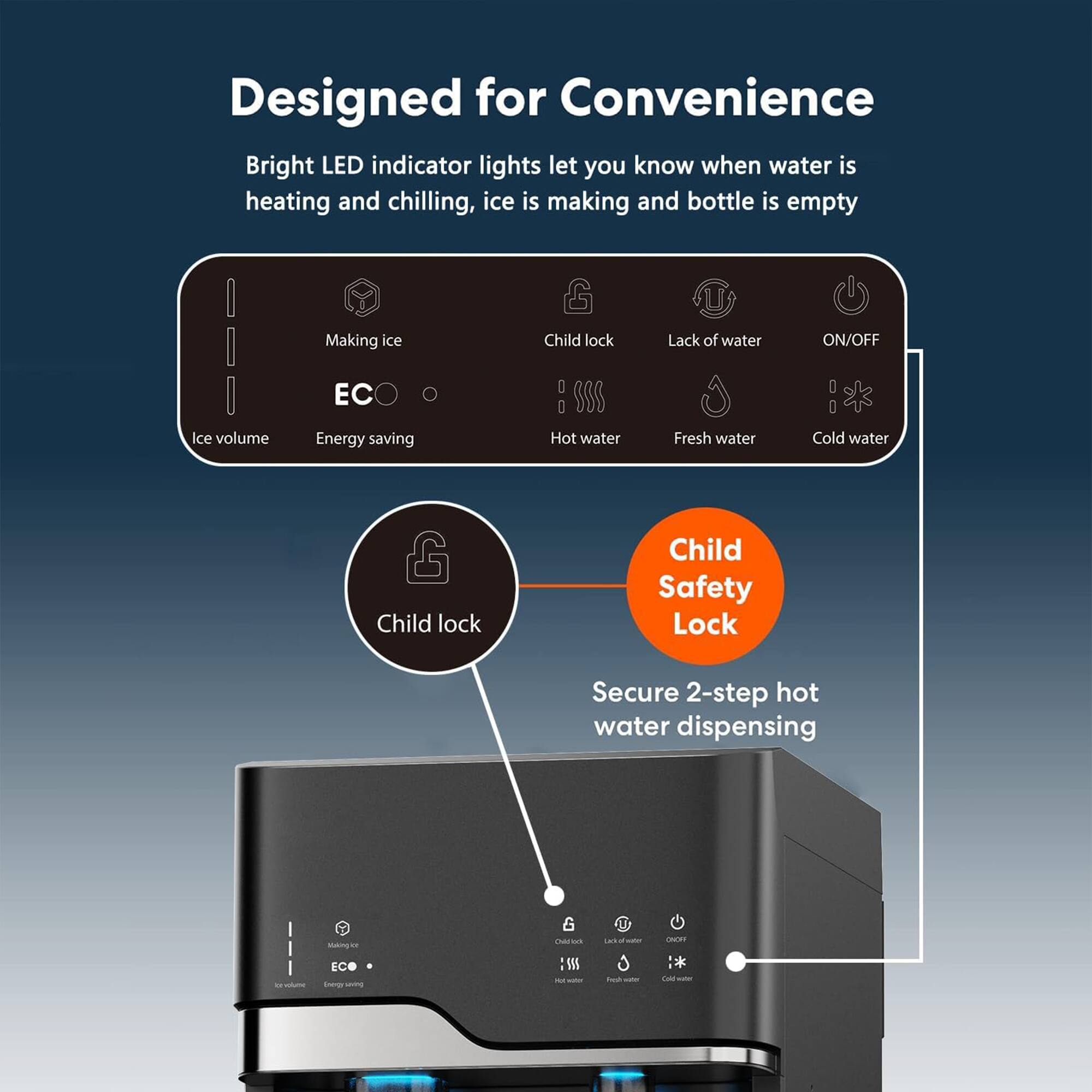 Designed for Convenience

Bright LED indicator lights let you know when water is heating and chilling, ice is making and bottle is empty

- Making ice
- Child lock
- Lack of water
- ON/OFF
- Ice volume
- Energy saving
- Hot water
- Fresh water
- Cold water

Child lock

Child Safety Lock

Secure 2-step hot water dispensing
