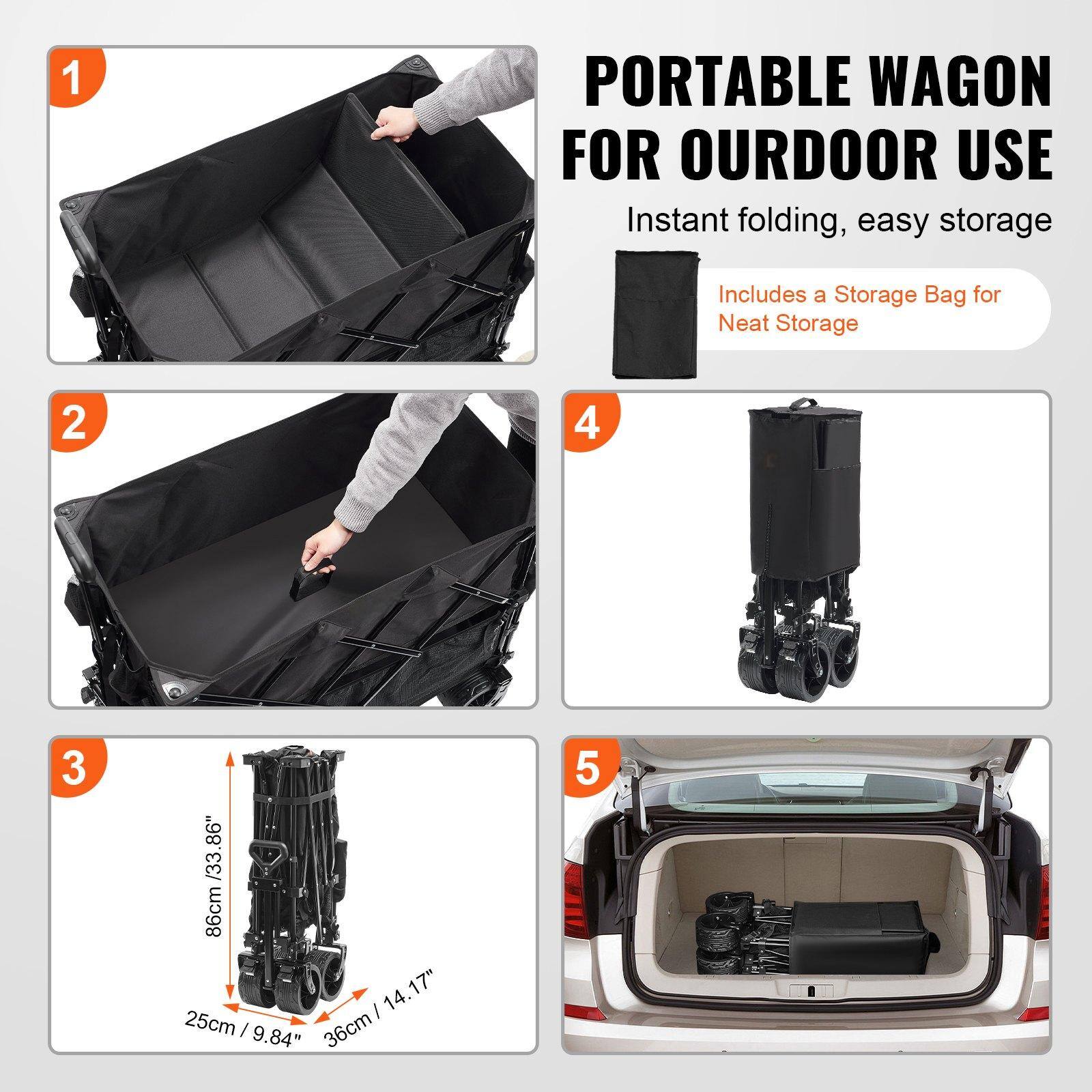 1. PORTABLE WAGON FOR OUTDOOR USE  
   Instant folding, easy storage  
   Includes a Storage Bag for Neat Storage  

2.  

3. 86cm / 33.86"  
   25cm / 9.84"  
   36cm / 14.17"  

4.  

5.