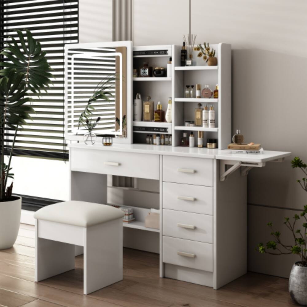 Left. LUCKY ONE - Vanity Desk with 3-Color LED Mirror, 5 Drawers, Open Shelves and Chair for Bedroom - White.