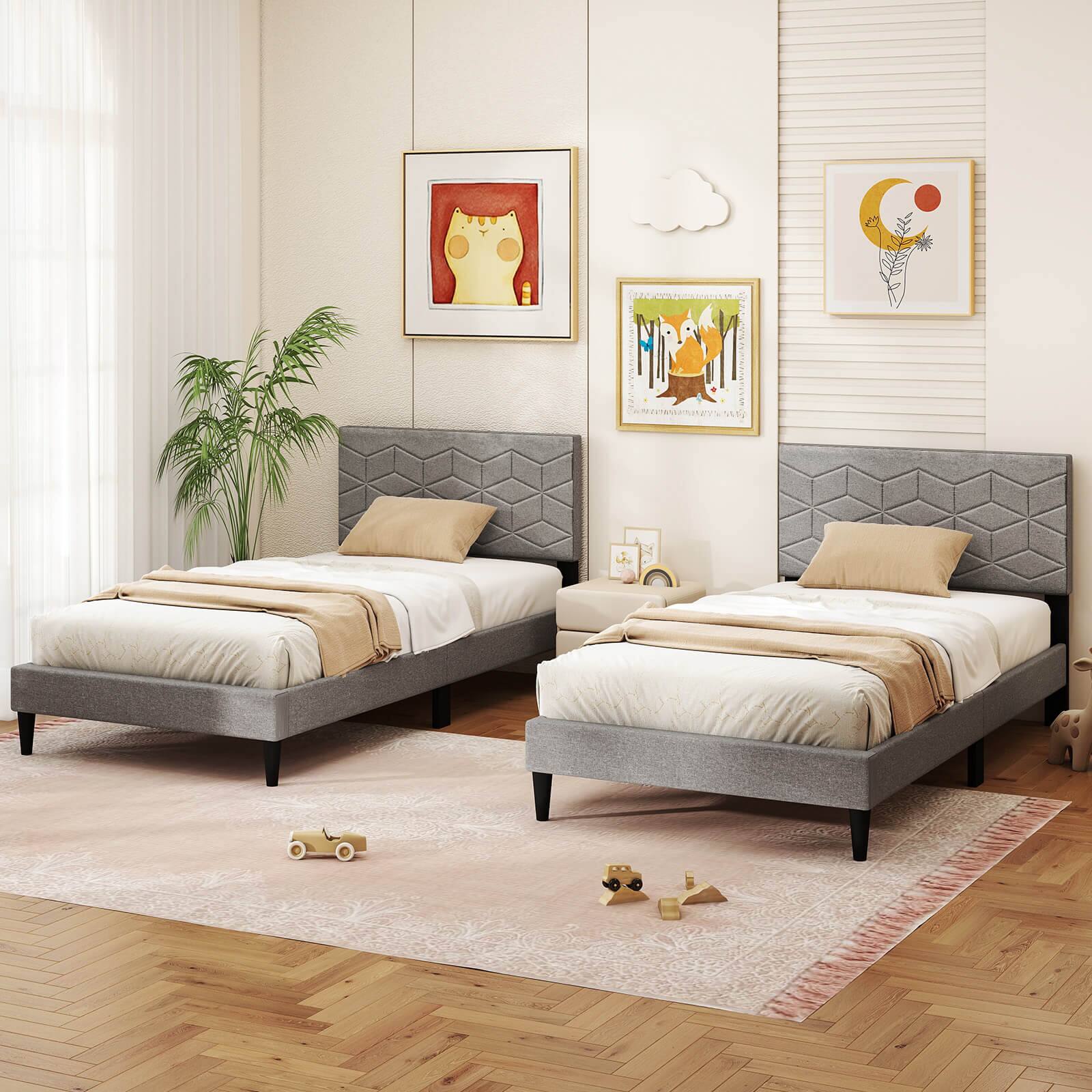 Alt View 5. Costway - Costway Twin Size Bed Frame with Linen Fabric Upholstered Headboard & Wooden Slat Support - Gray.